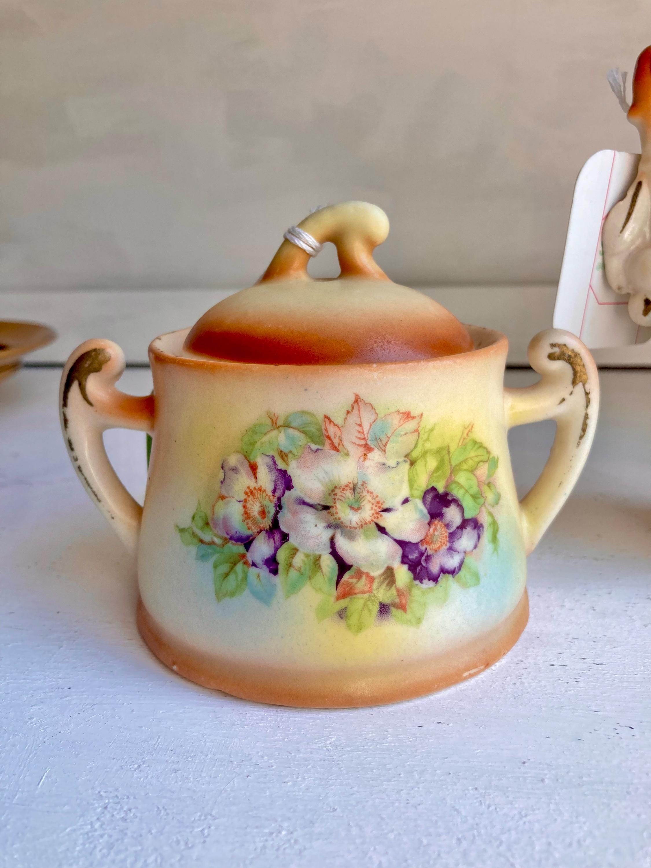 Vintage Czechoslovakia Dogwood Rose Ceramic Set: Lidded Sugar Bowl & Vase