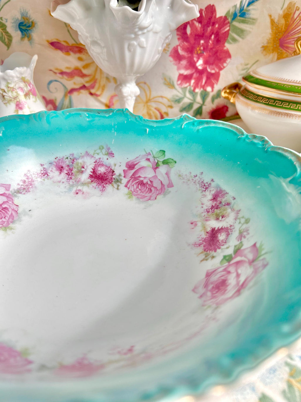 Vintage Porcelain Serving Bowl: Teal Rim, Rose Garland, Scalloped Edge (10-inch)