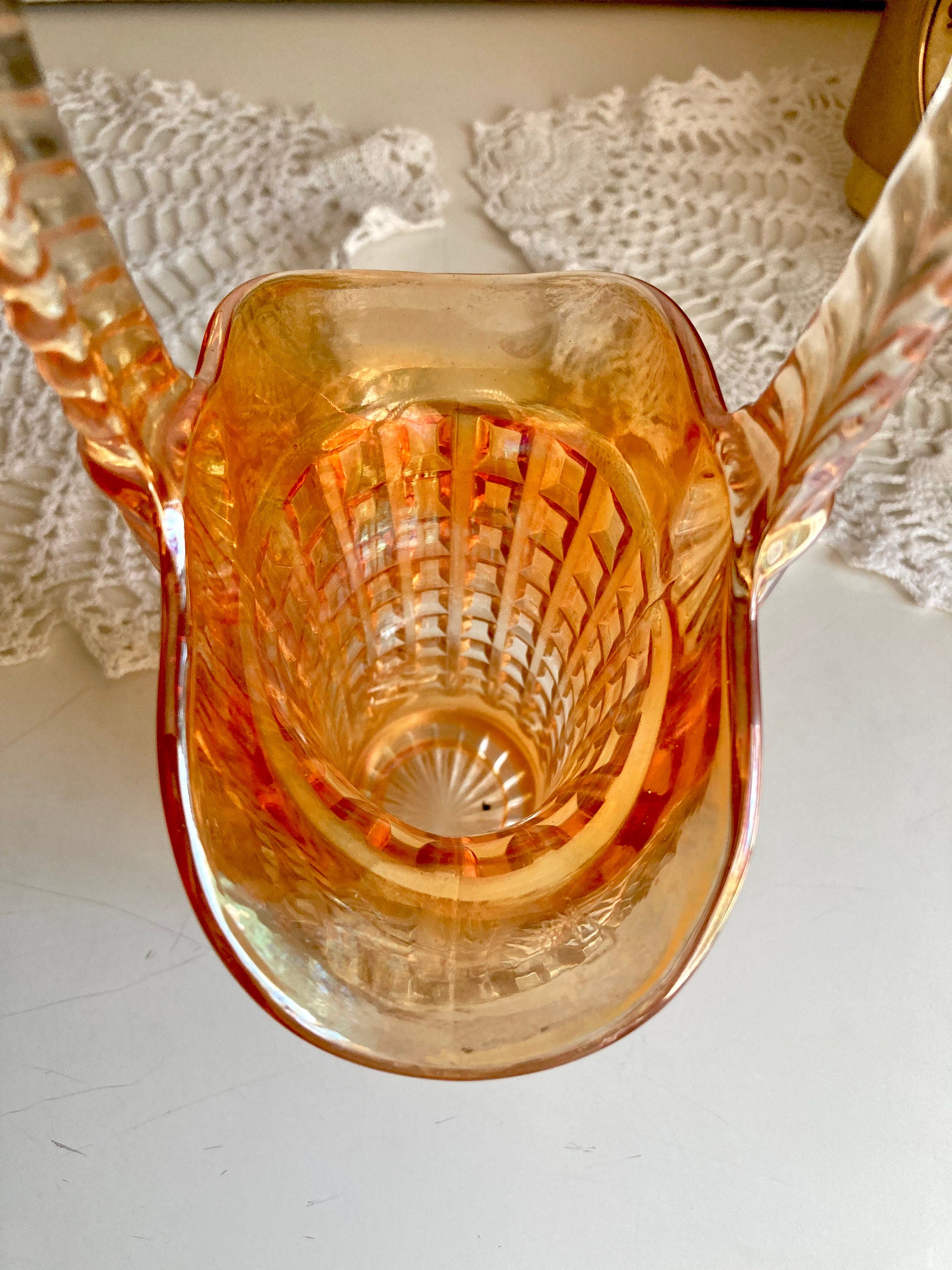 Vintage Imperial Marigold Carnival Glass Basket Vase: Waffle Block Pattern, Braided Handle