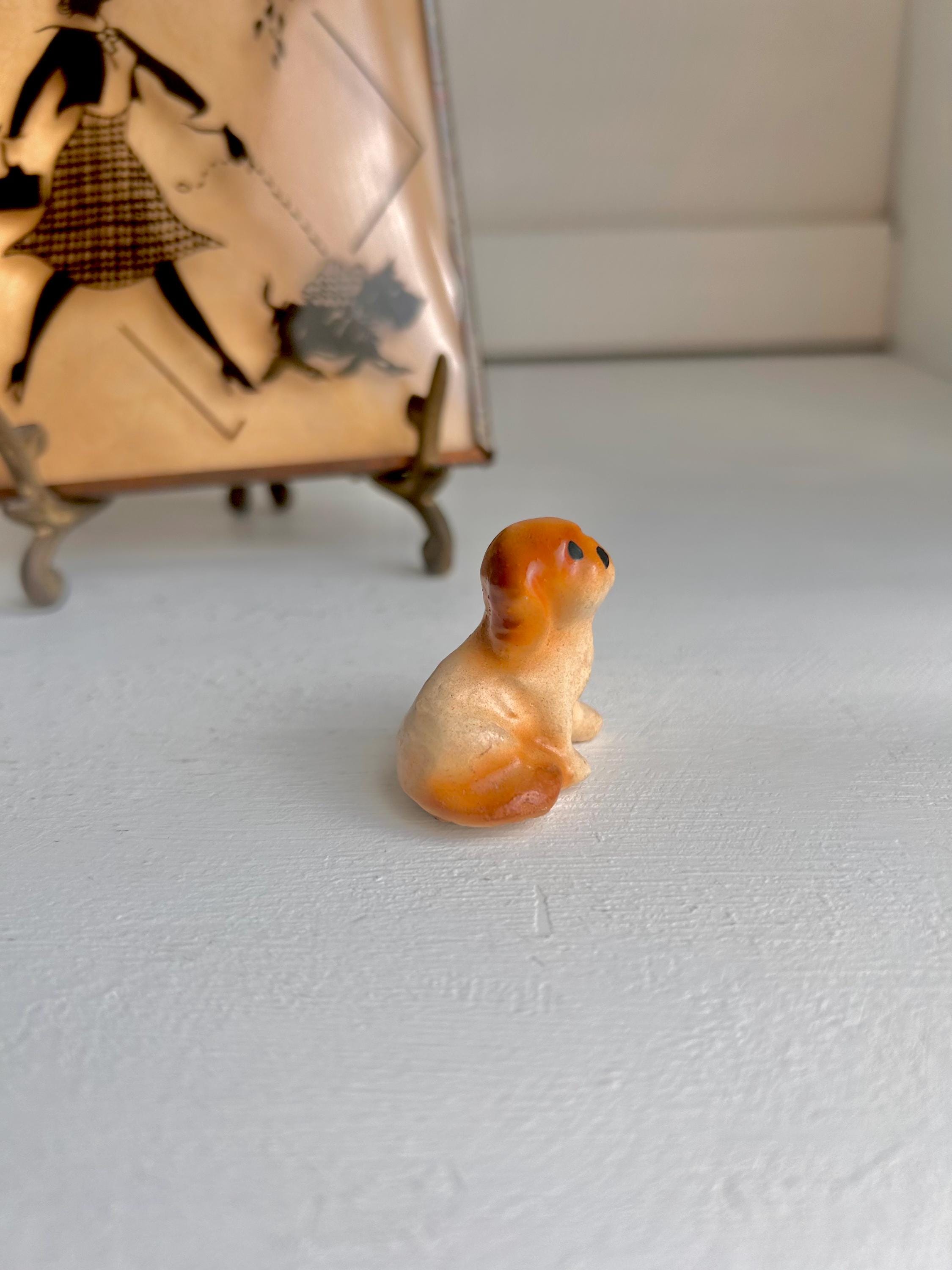 Vintage Teensy Ceramic Tawny Pup - Hand painted dog figurine 1 inch seated pup