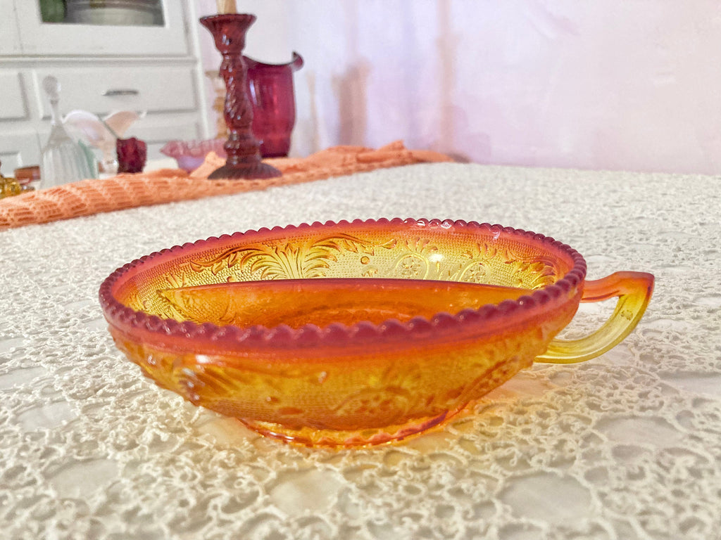 Vintage Amberina Depression Glass Divided Relish Dish with Handle, Rounded Sawtooth Edging