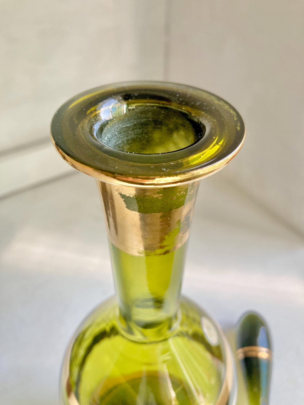 Vintage Blown Green Glass Decanter: Teardrop Stopper, Gold Trim