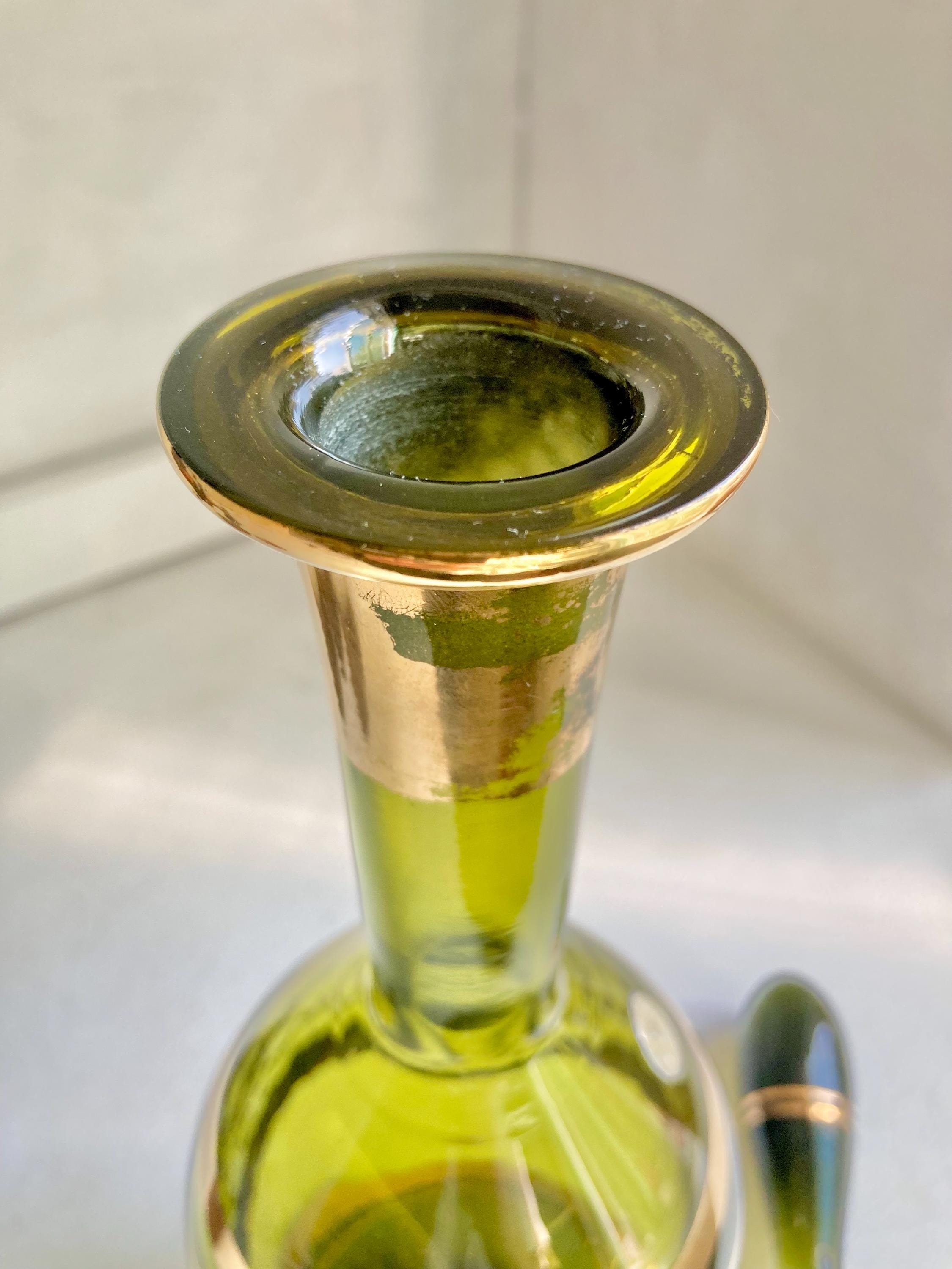 Vintage Blown Green Glass Decanter: Teardrop Stopper, Gold Trim