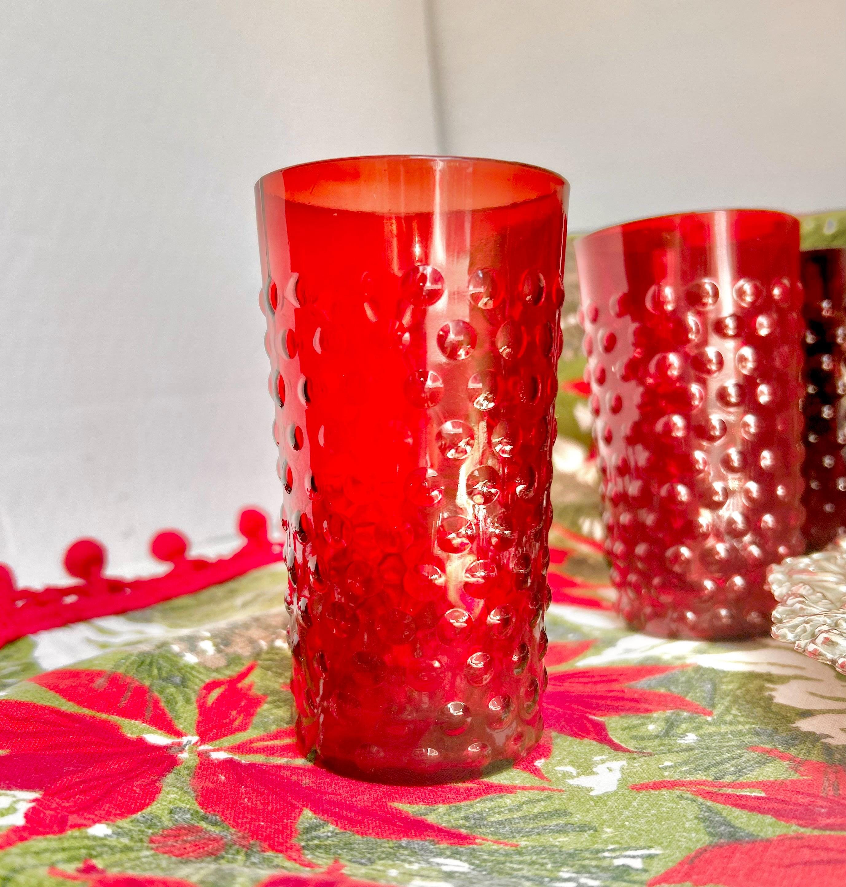 Vintage Anchor Hocking Royal Ruby Red Hobnail Glass Set: Pitcher & 8 Juice Glasses