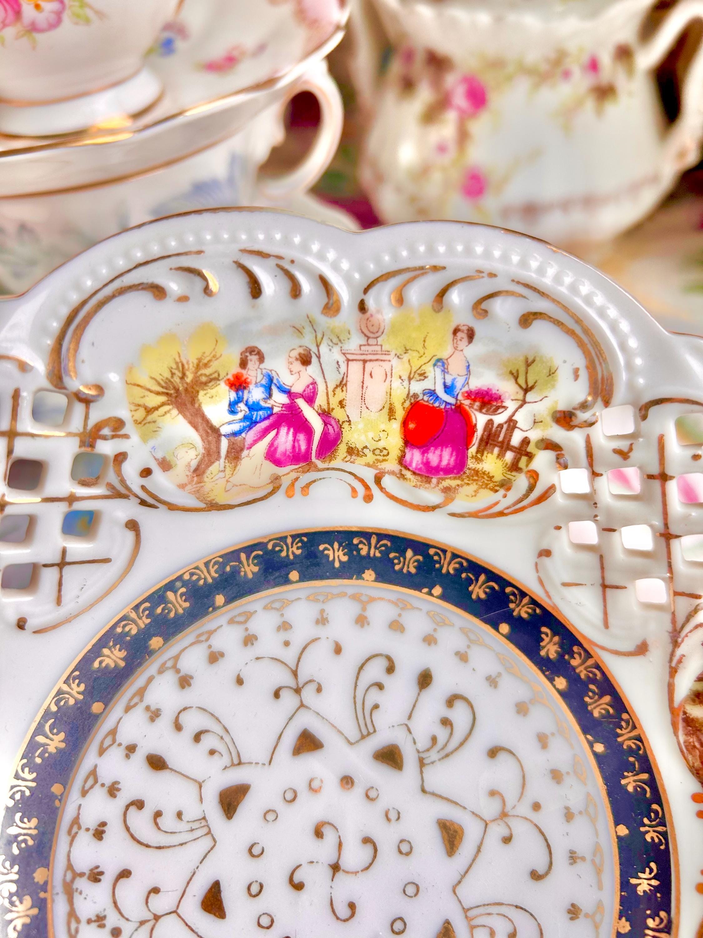 Vintage Perforated Bowl: Victorian Leisure Scenes, Gold Trim, Scalloped Rim