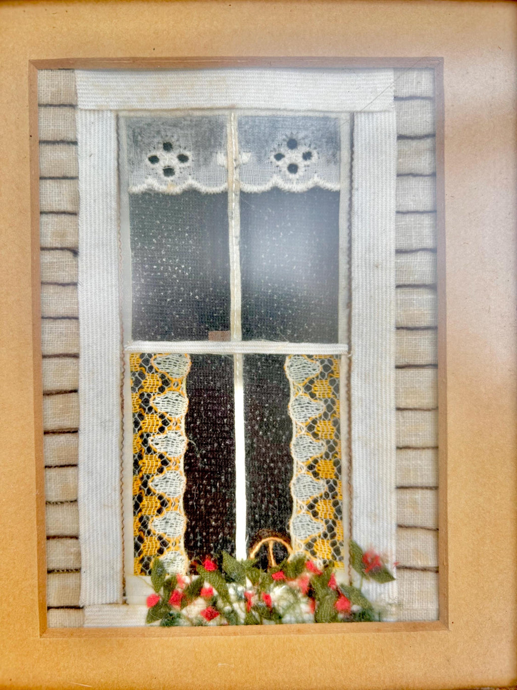 Vintage Framed Mixed Media Art: Country Cottage Window Scene, 1982