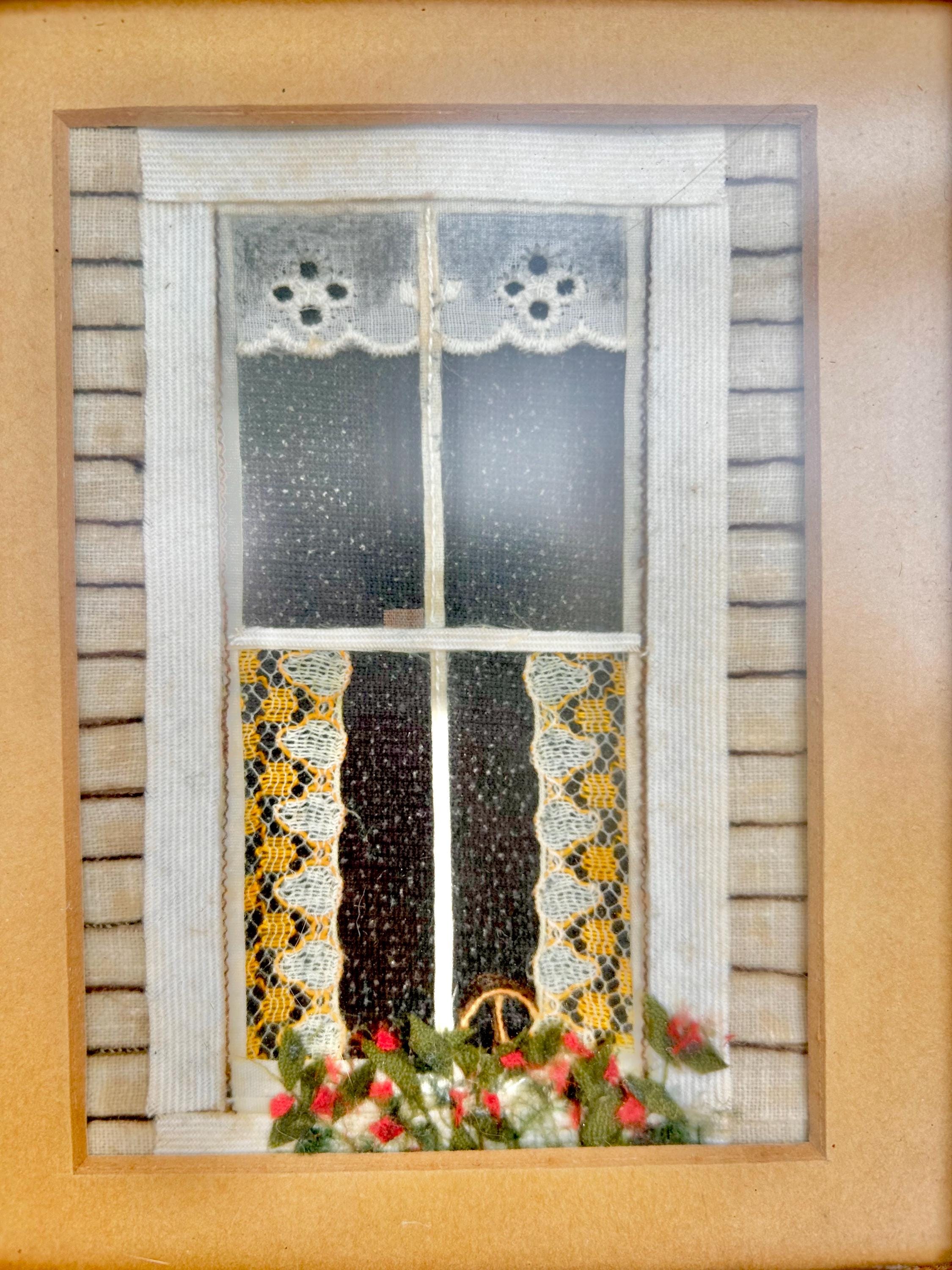Vintage Framed Mixed Media Art: Country Cottage Window Scene, 1982