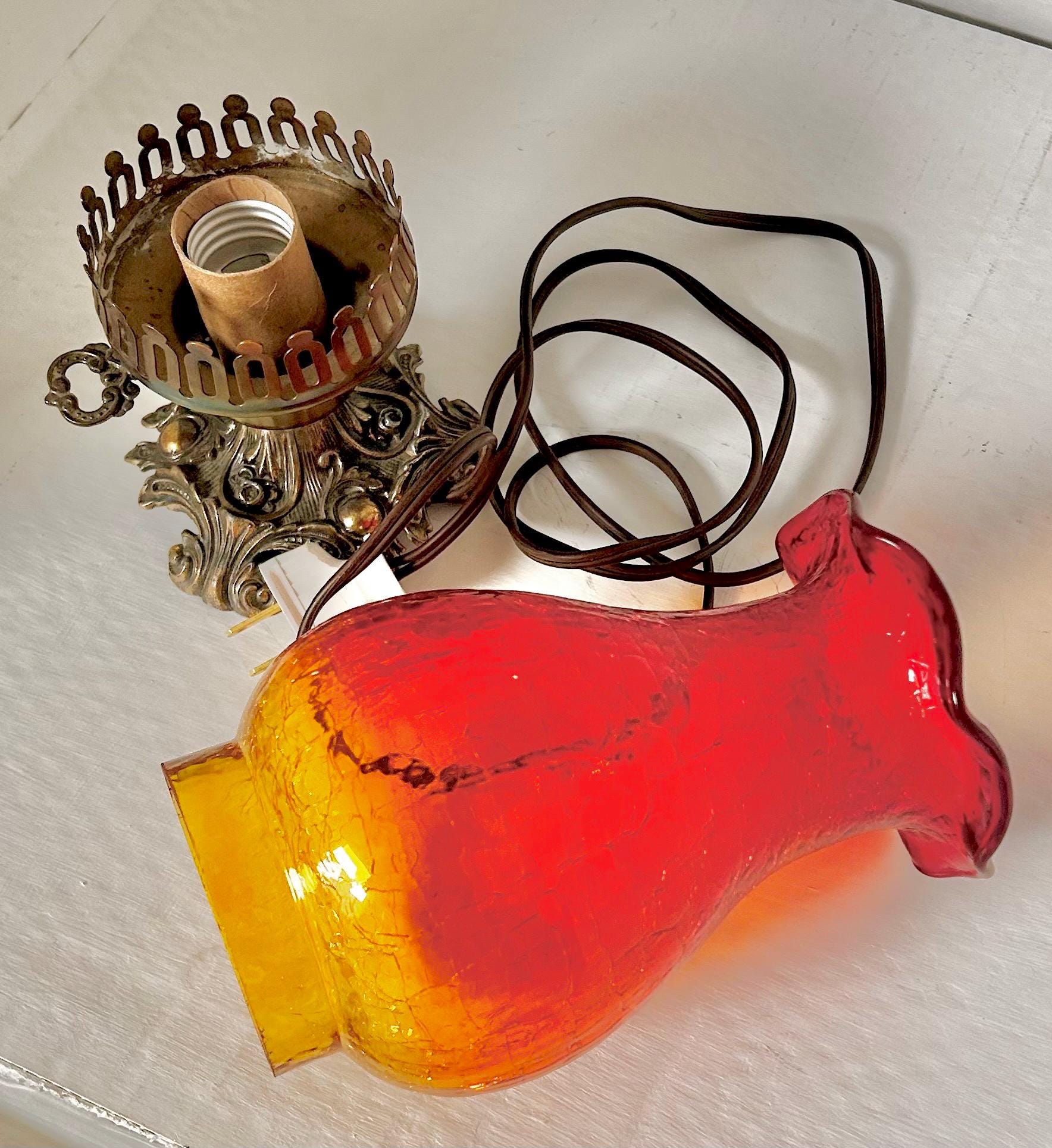Vintage Amberina Crackle Glass Hurricane Lamp: Brass Base, Ruffled Shade
