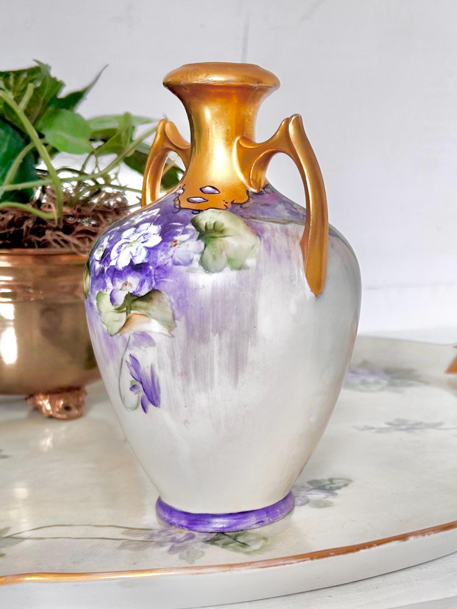 Antique Austrian Porcelain Vase with Handpainted Gold and Violets
