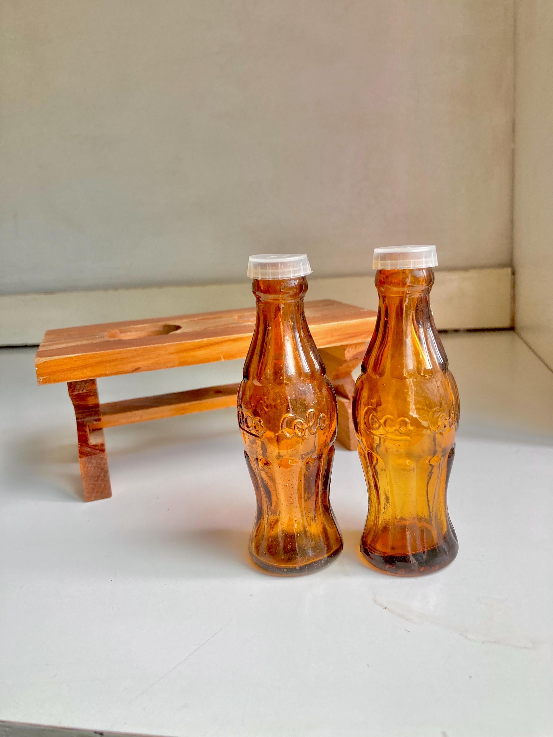Vintage Salt and Pepper Shaker Set with Coca Cola Bottles and wooden Picnic Table