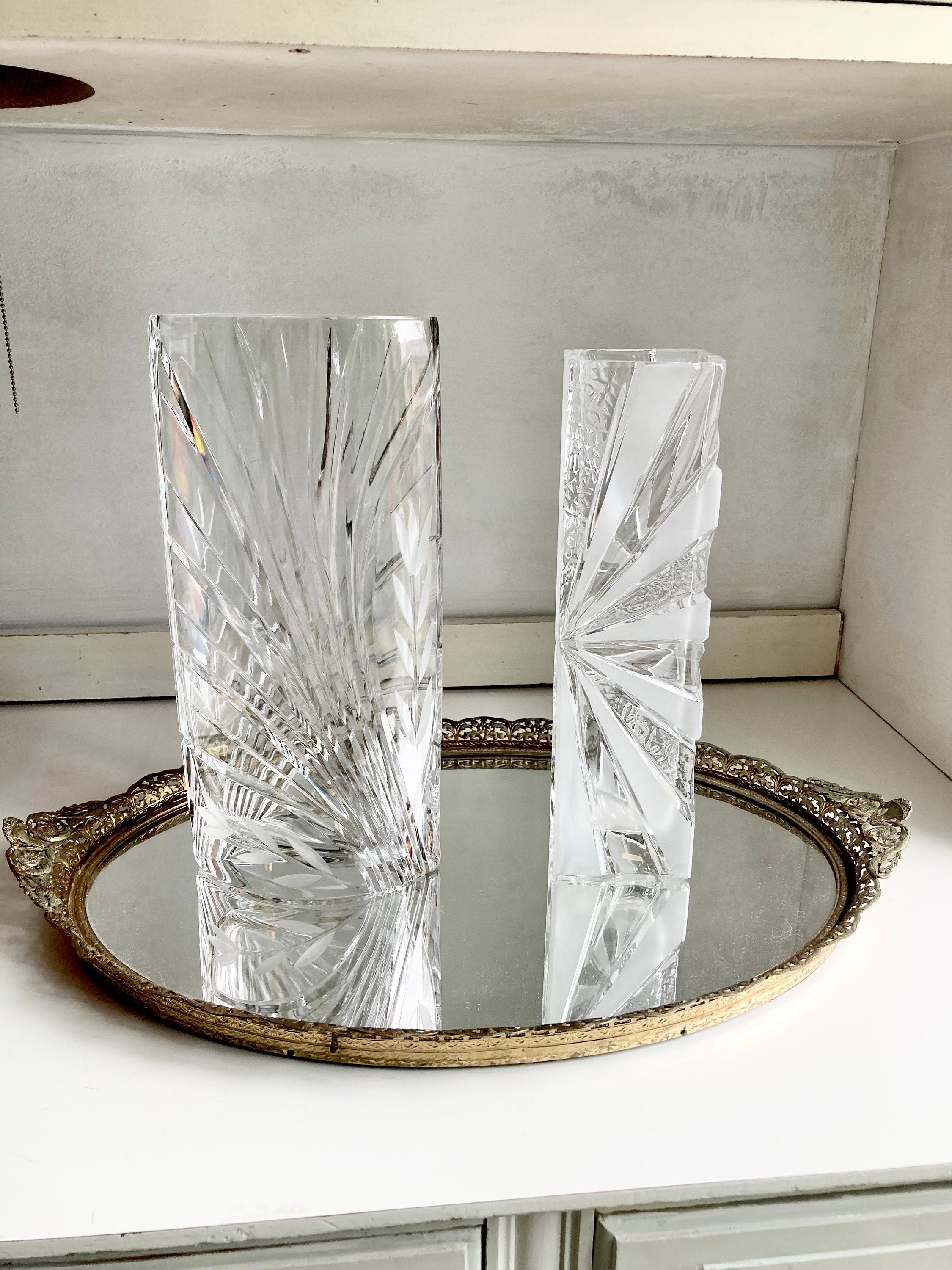 Vintage European Cut Crystal Vases: Geometric Frosted Glass Accents