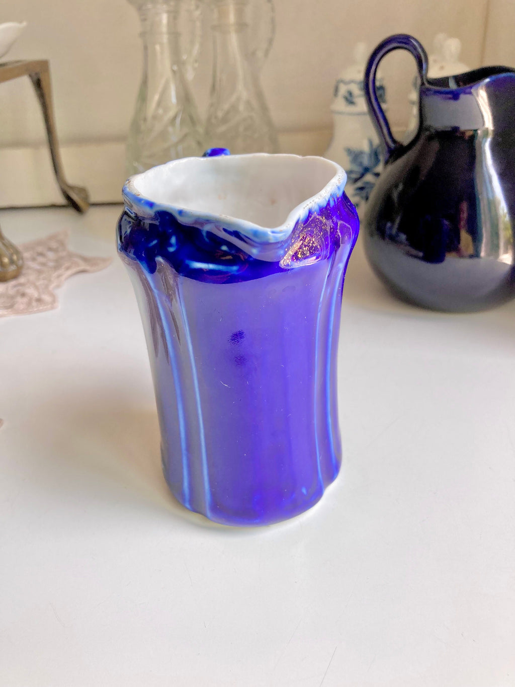 Antique Blue Ceramic Creamer Pitcher: Flow Blue or Cobalt, Choice