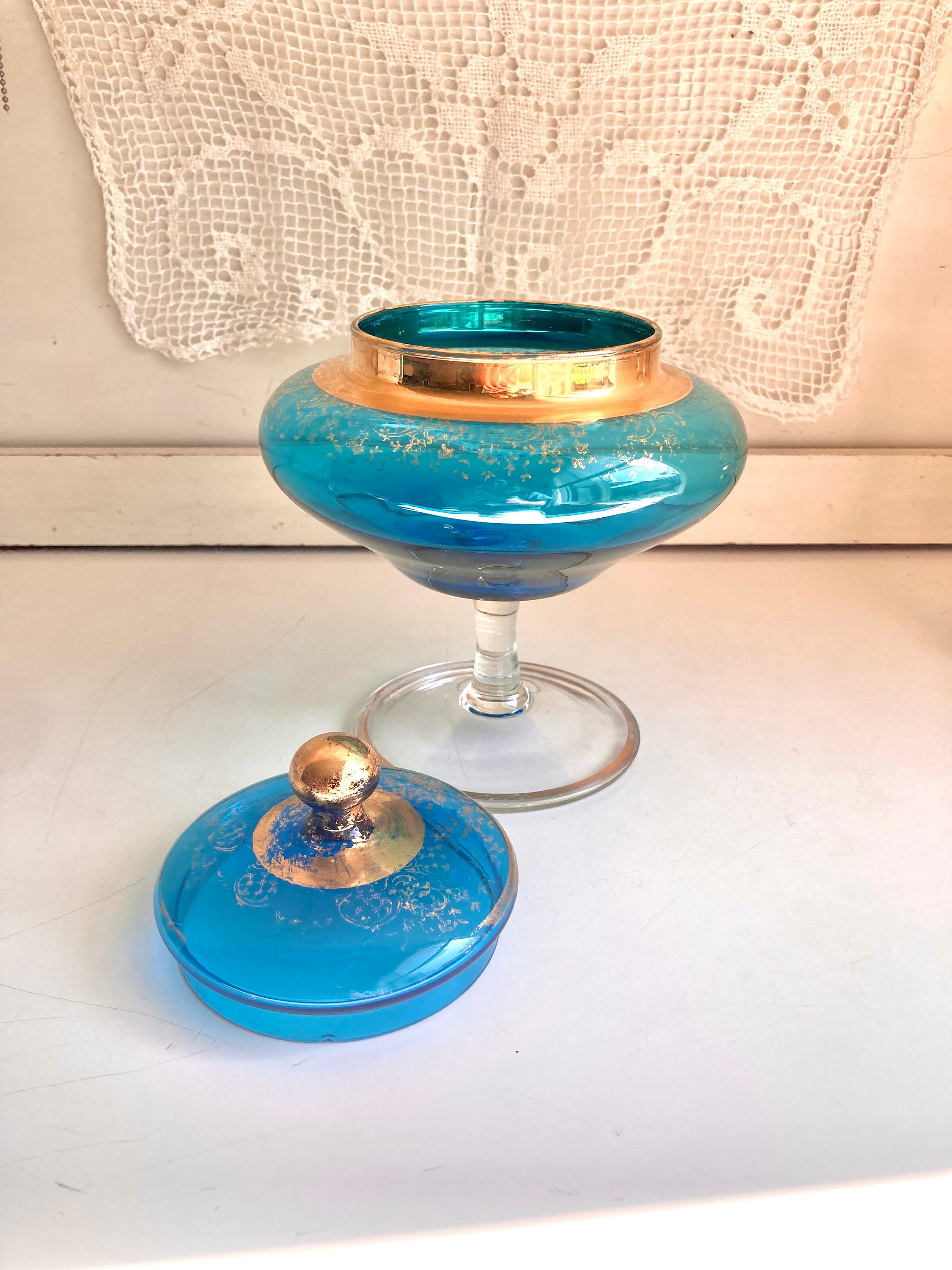 Vintage Blown Glass Vessels – Blue Hues, Gold Trim Decor