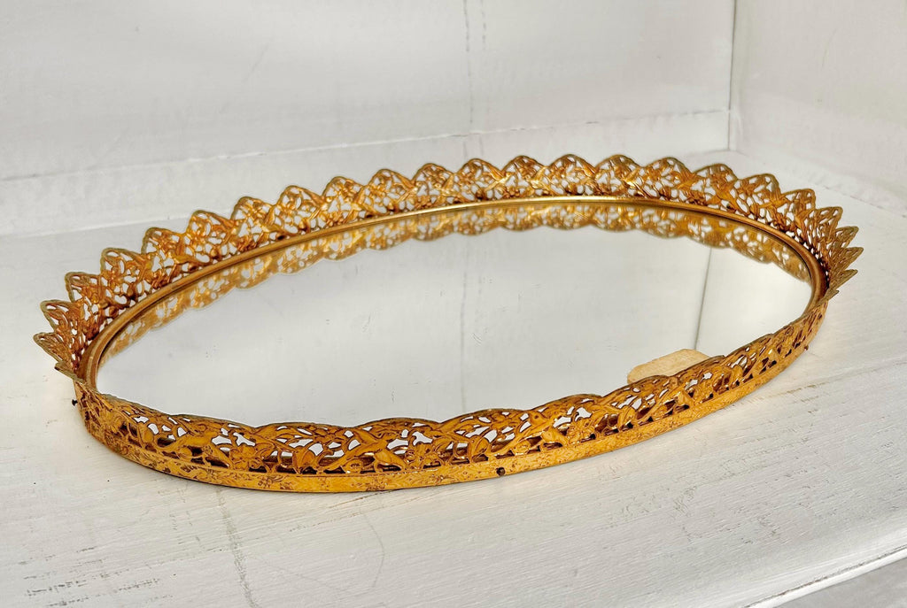 Vintage Gilt Oval Mirror Tray: Gold Floral Bird Frame