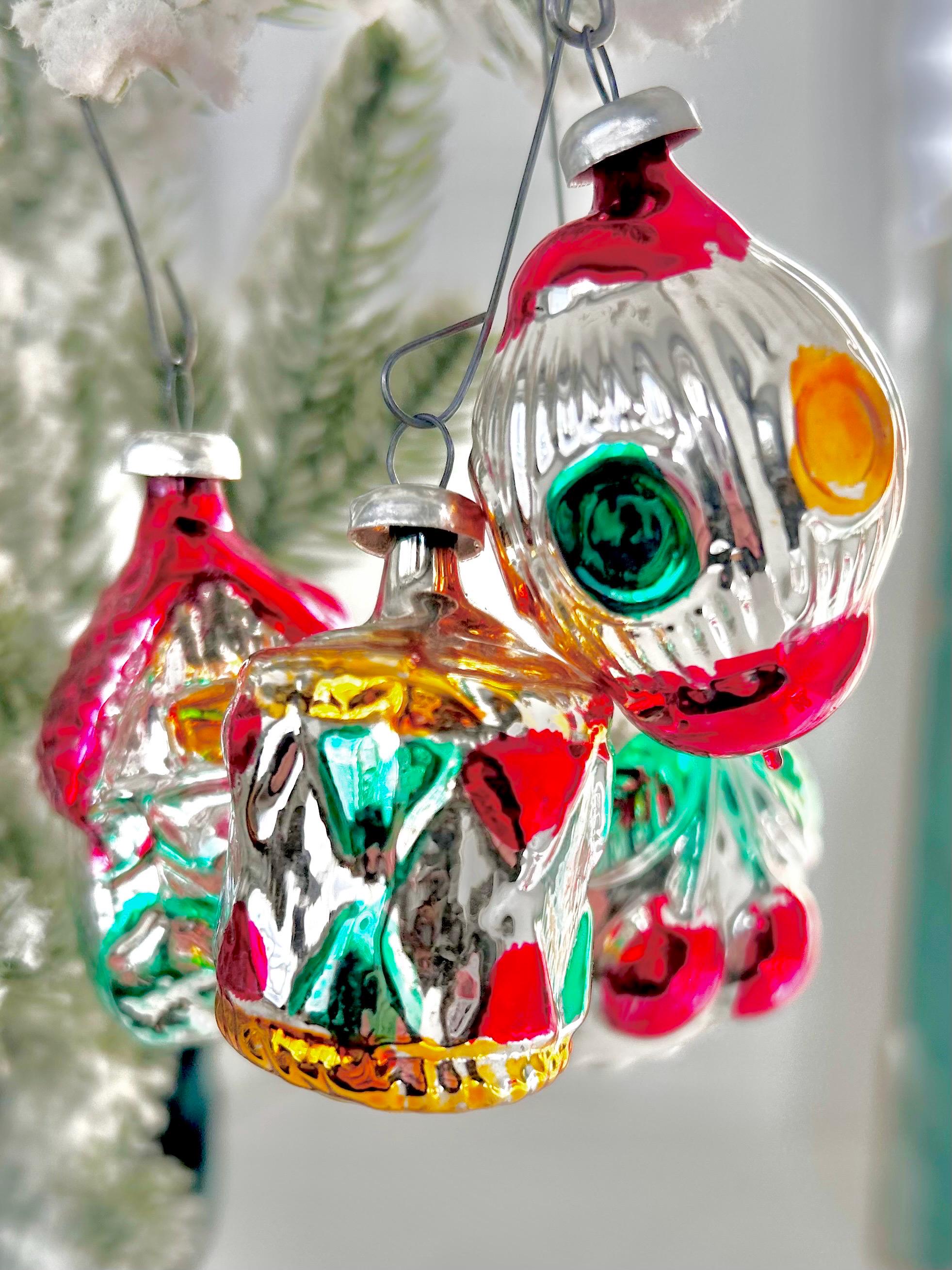 Set of Six Miniature Silvered Glass Ornaments West Germany