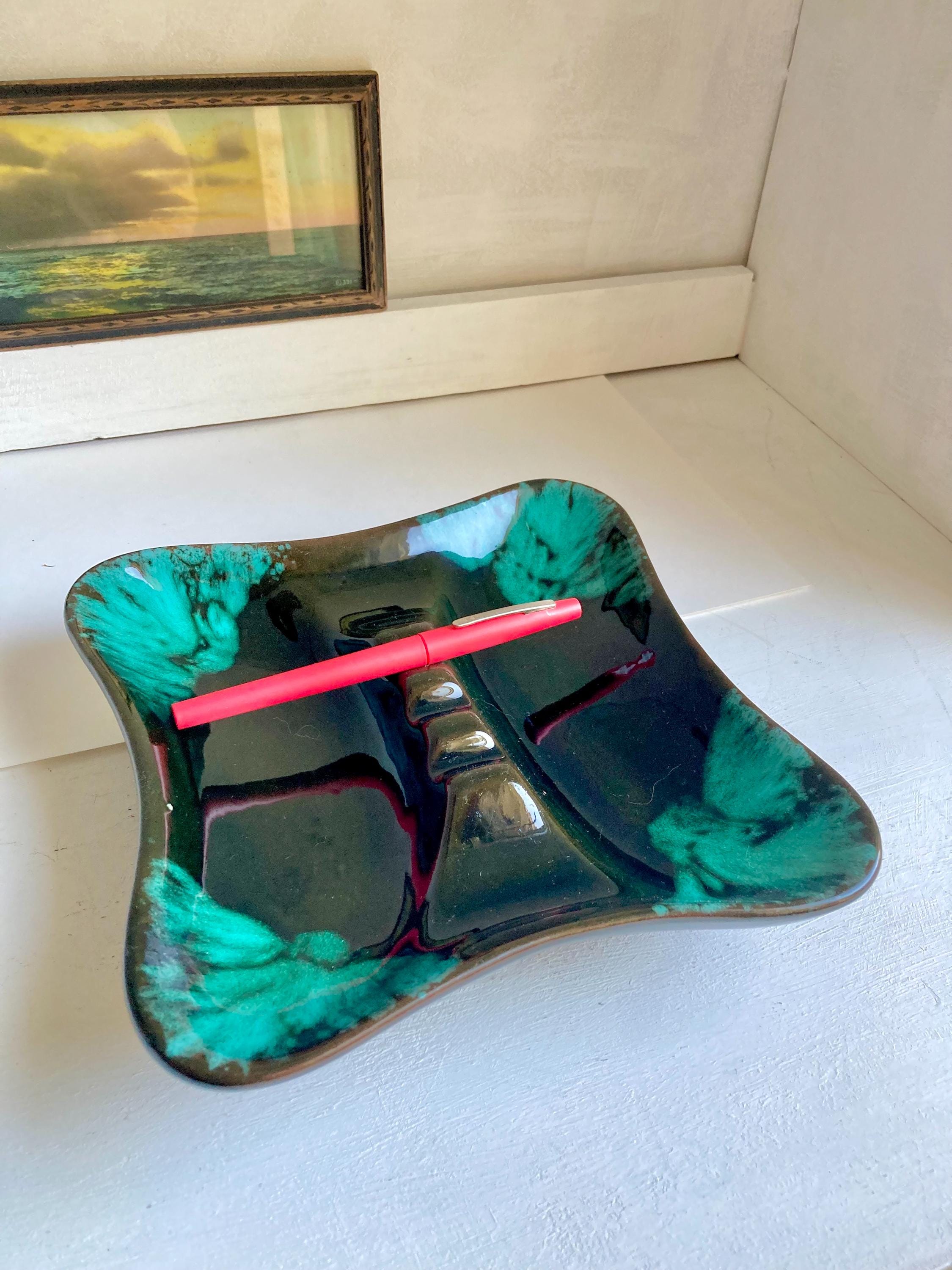 Vintage MCM Drip Glaze Ceramic Ashtray: Turquoise & Olive Green