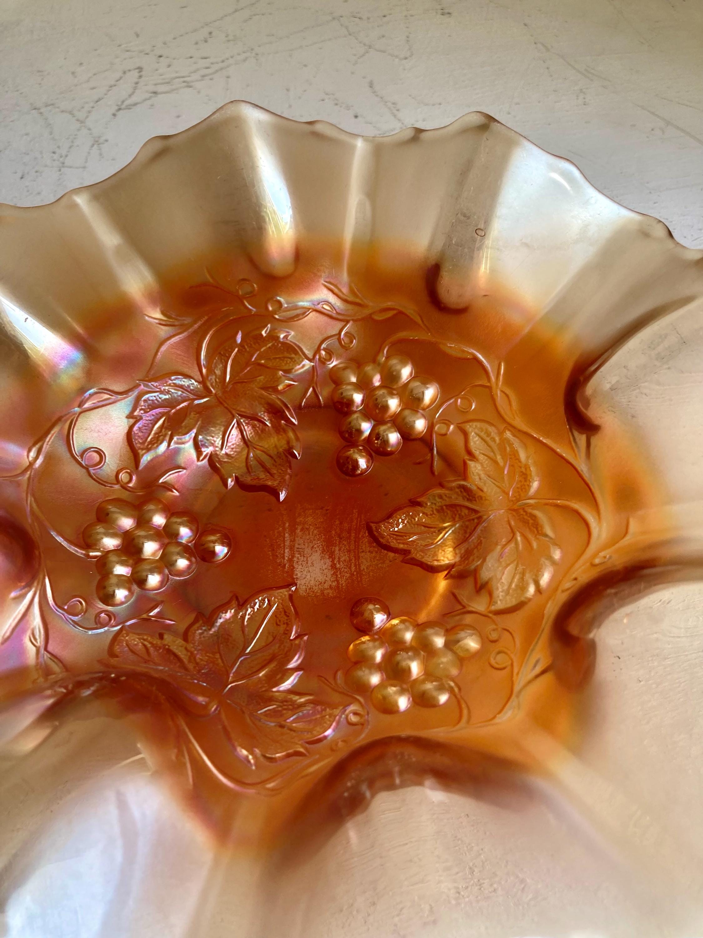 Vintage Dugan Golden Grape Marigold Carnival Glass Ruffled Bowl 7 1/4" diameter