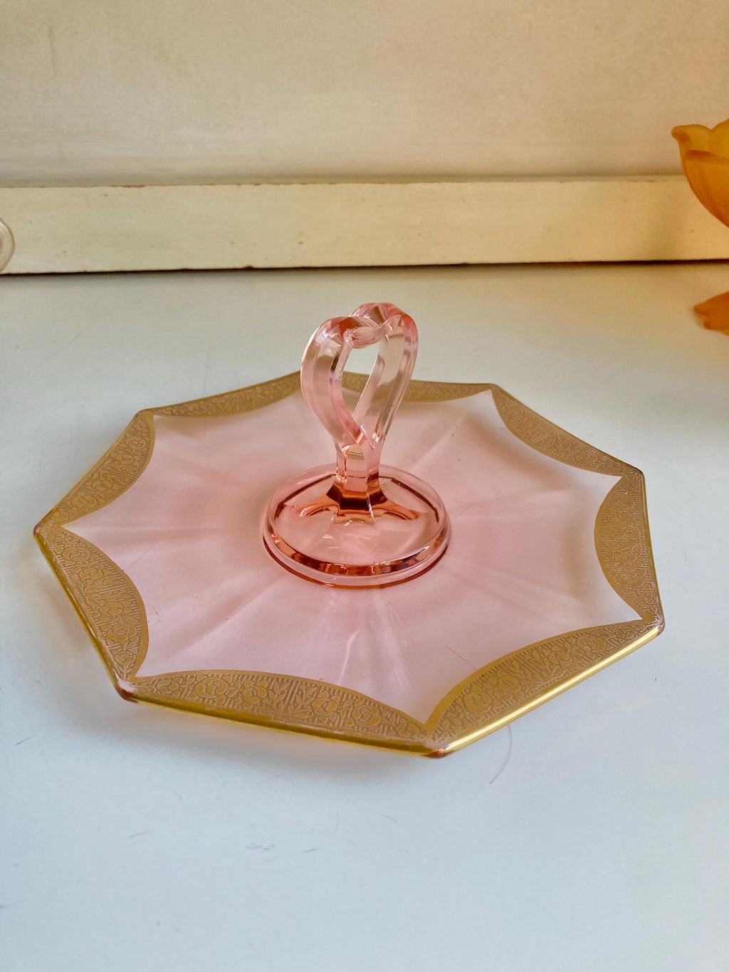 Vintage Amber Glass: Choose from Gilt Octagon Plate or Frosted Flower Compote