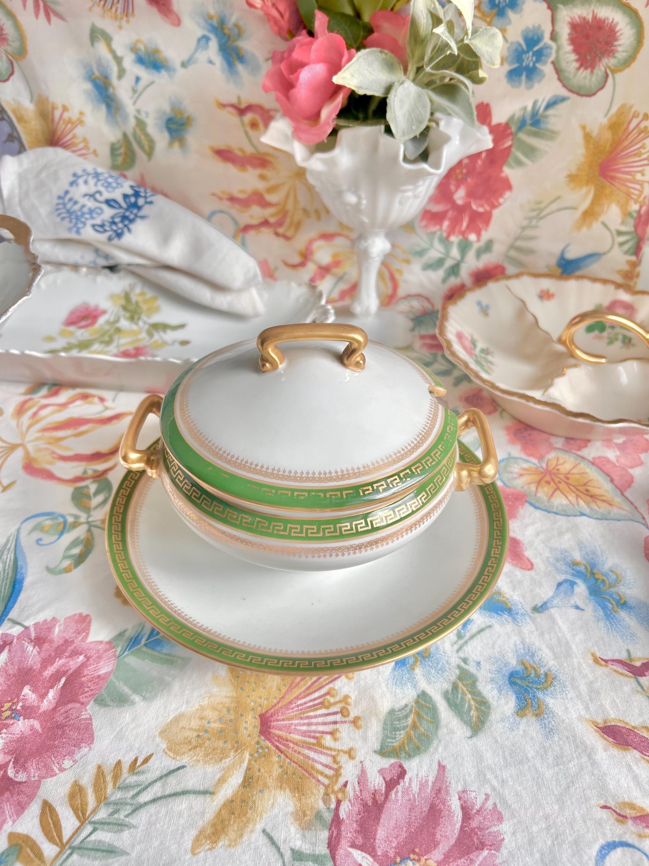 Vintage Porcelain LIMOGES Lidded Tureen with Olive Green and Gold Trim, Gold Handles