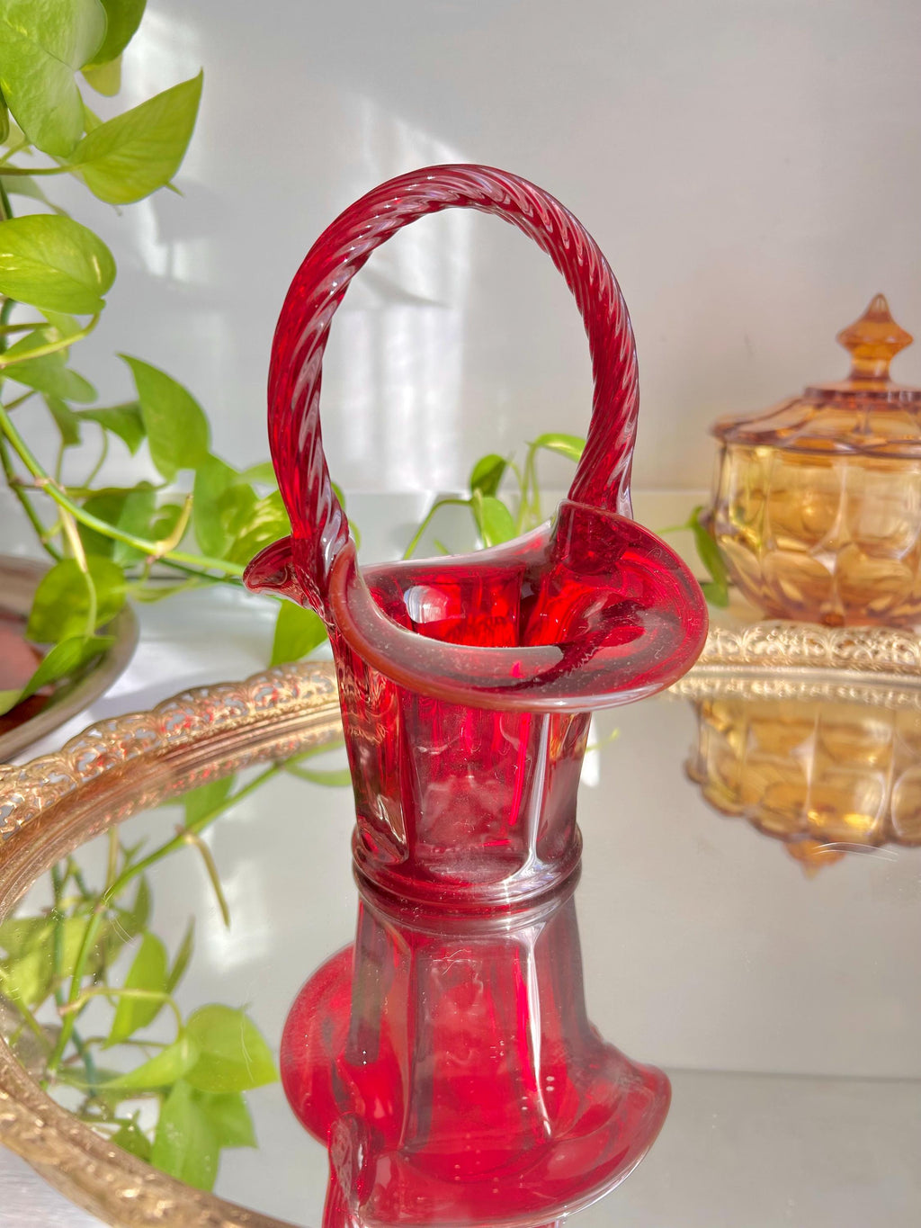 Vintage Fenton Ruby Red Glass Basket: Twisted Rope Handle, Paneled Design