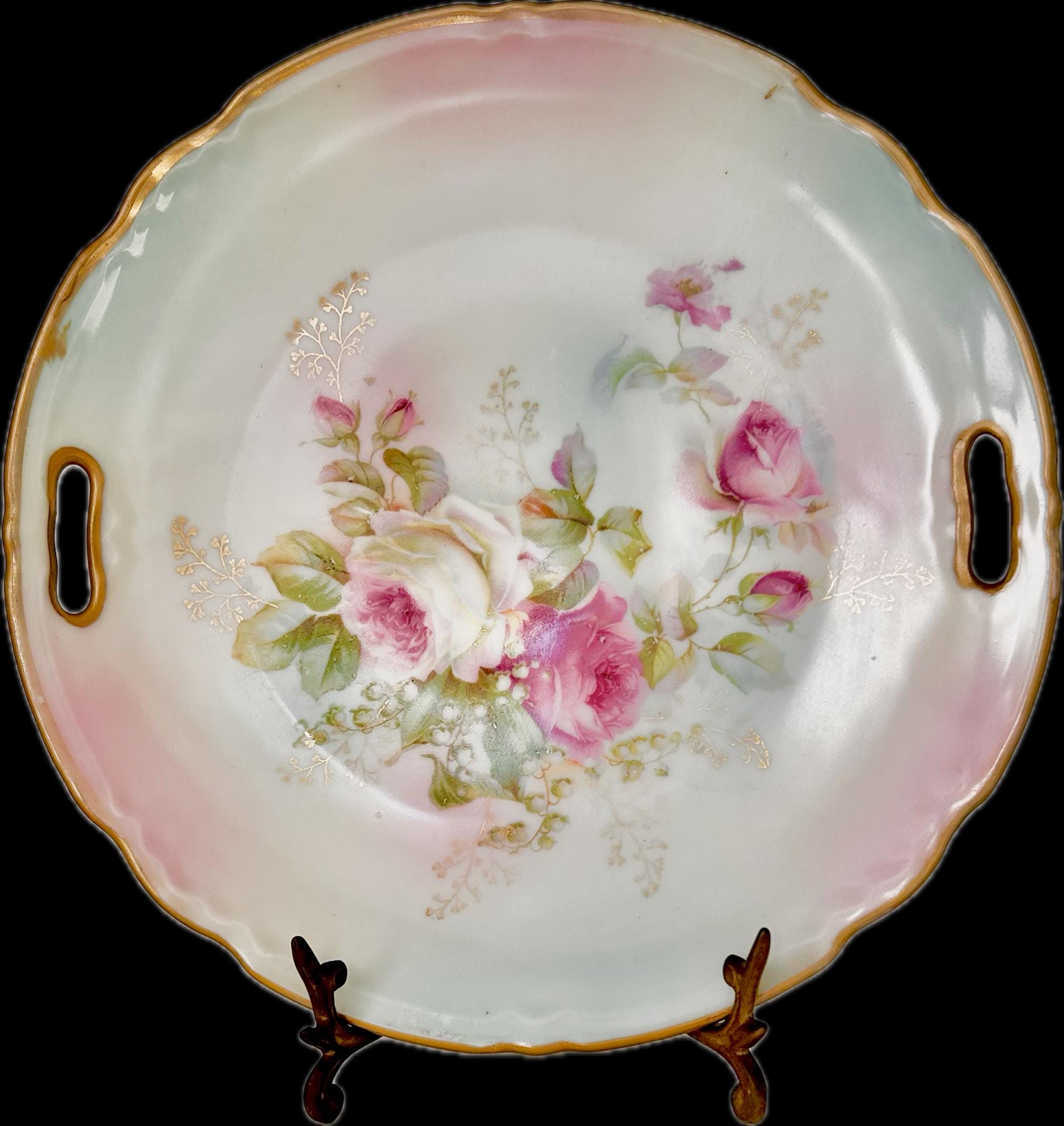 Vintage Round Porcelain Transferware Platter with Open Handles, Roses, Gold Trim