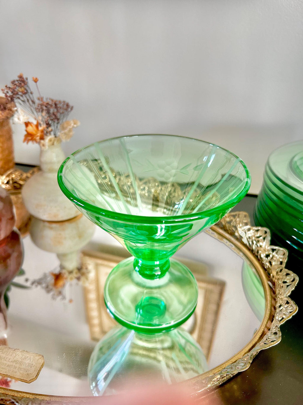 Vintage Uranium Green Heavy Pressed Glass Pedestal Sherbet Dish, Etched