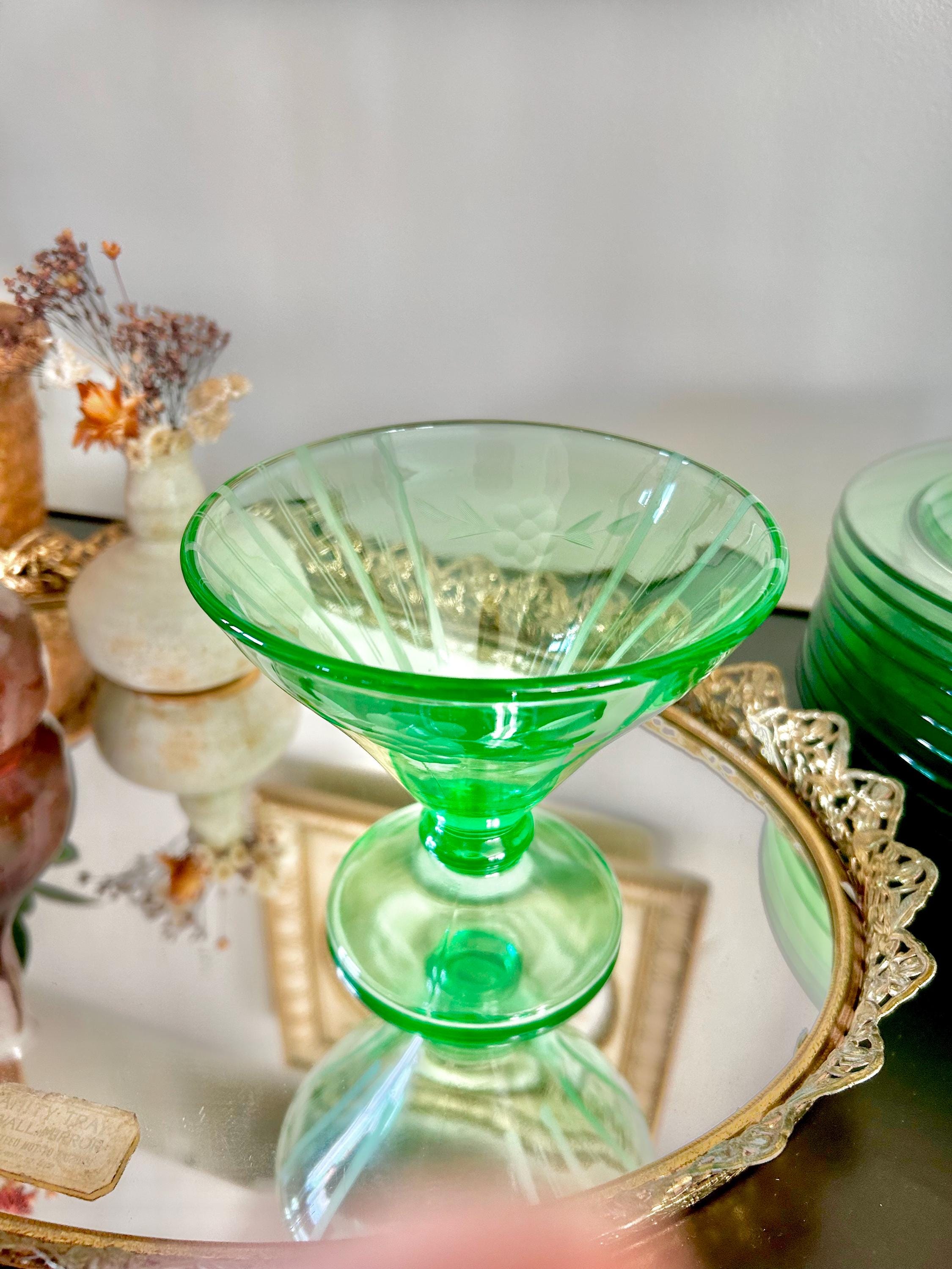 Vintage Uranium Green Heavy Pressed Glass Pedestal Sherbet Dish, Etched