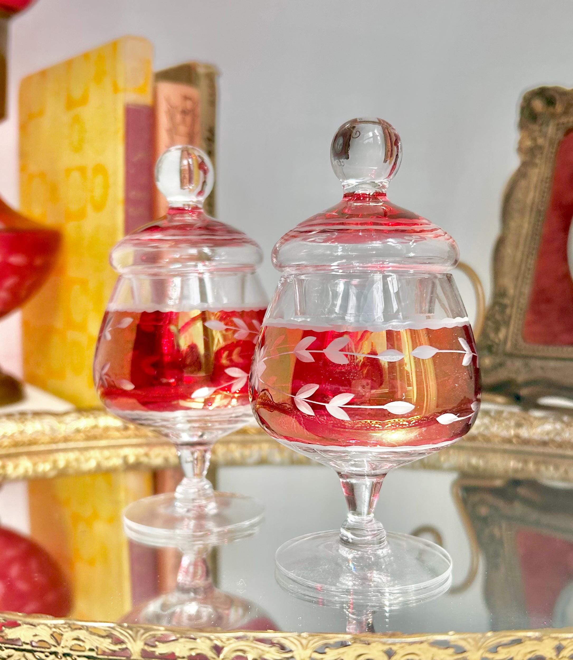 Vintage Cranberry Cut-to-Clear Glass Canister: Bohemian Ruby Red Candy Jar