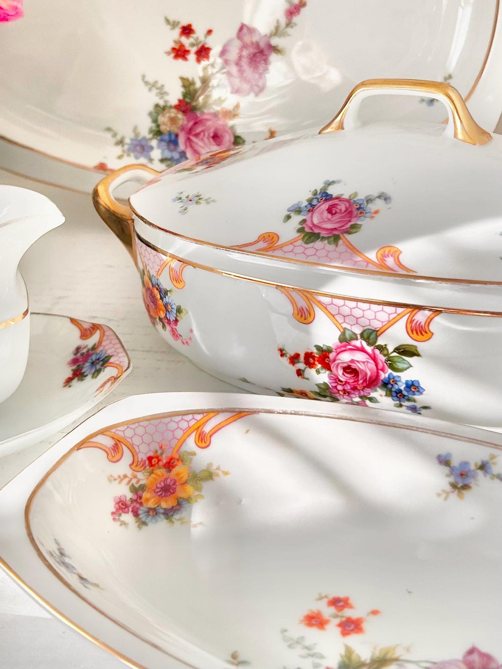 Vintage EPIAG Czechoslovakia Fine China Transferware - 4 Piece Serving Set - Bridal Rose Pattern