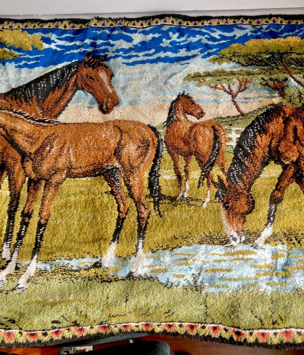 Vintage Italian Horse Tapestry: Kitsch Western Wall Hanging