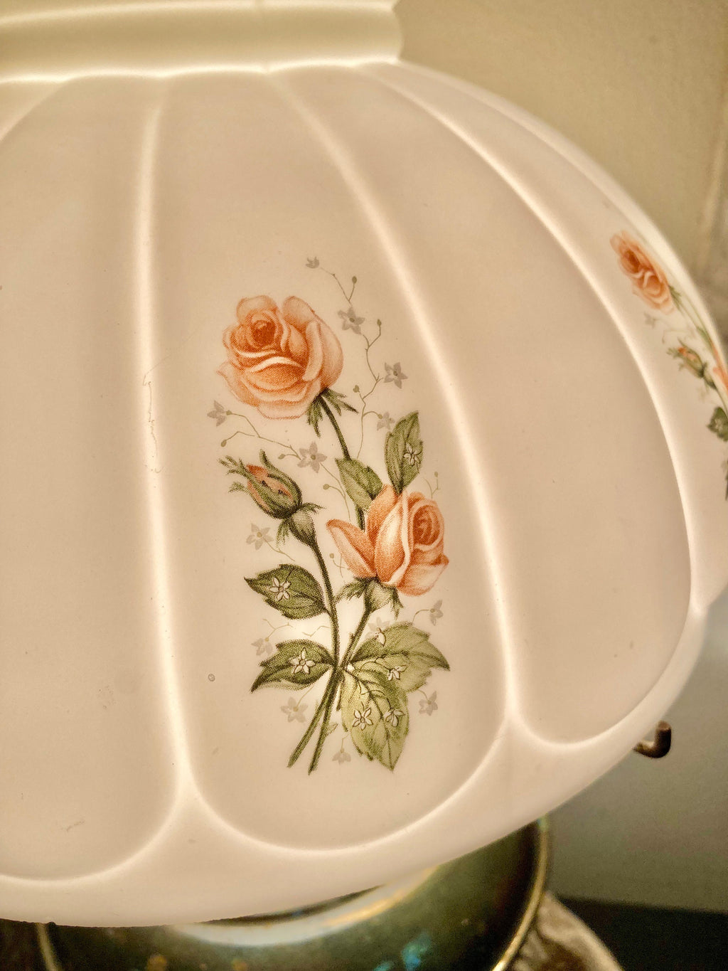 Vintage Converted Brass Oil Boudoir Lamp - Milk Glass Shade with Pink Roses Applique
