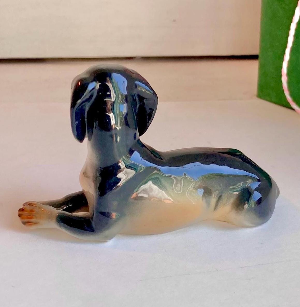 Vintage German-made Ceramic Dog Figurine - Hand painted Lifelike reclining Dacshund