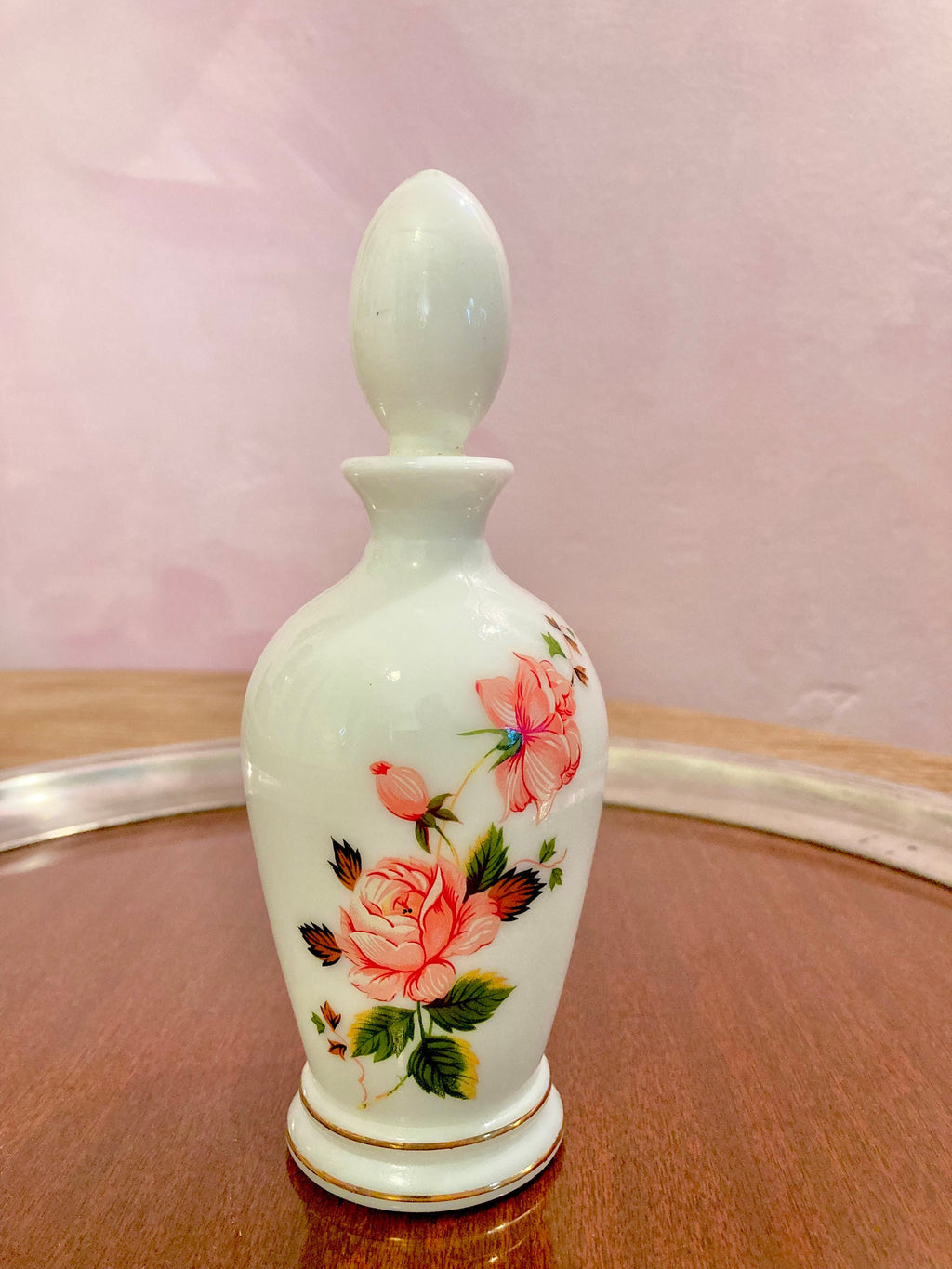 Vintage Waltersperger Milk Glass Perfume Bottle: Floral Appliqué, France