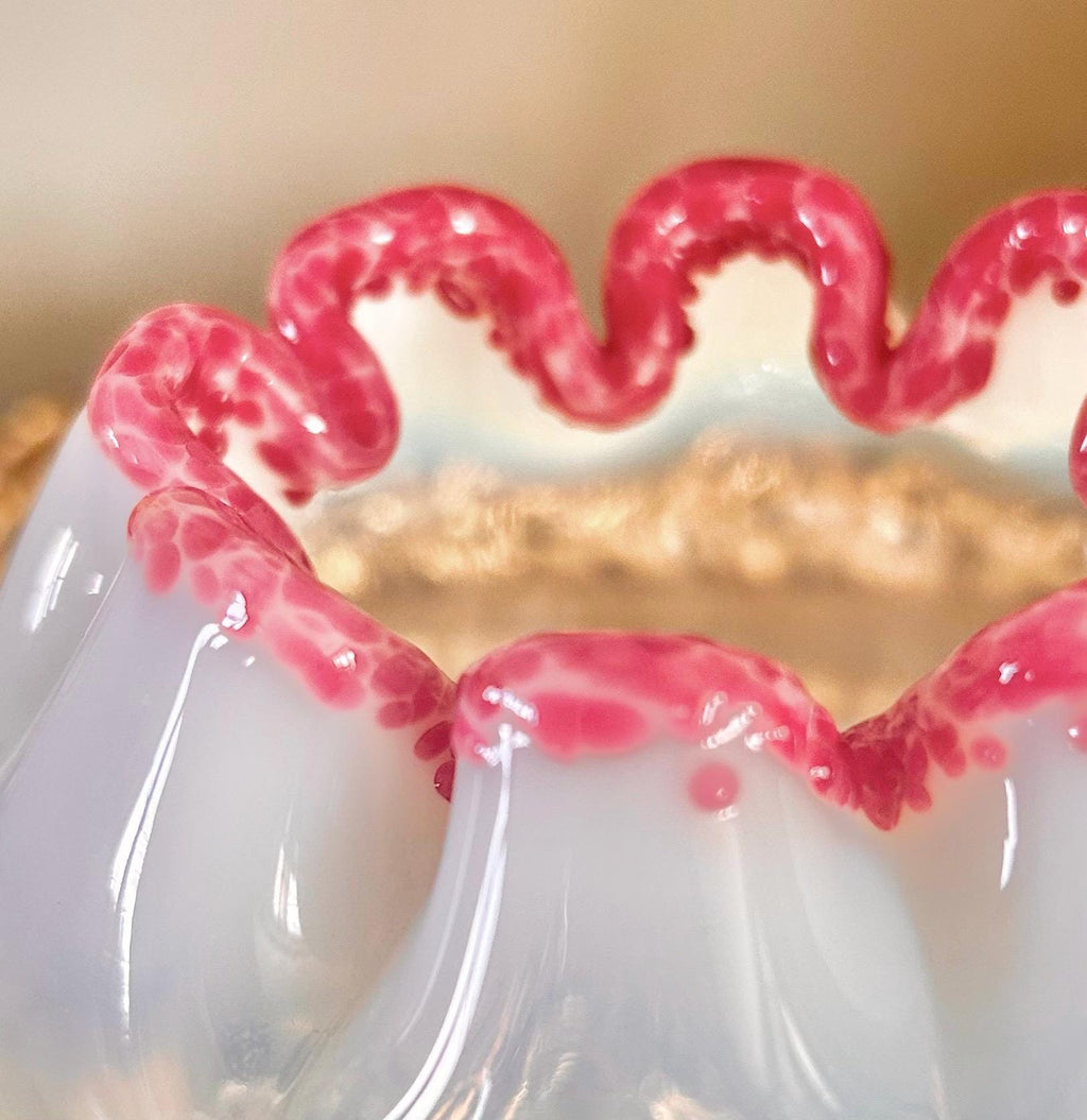 Antique EAPG Uranium Clear and Opalescent Glass Footed Rose Bowl with Pink Edge