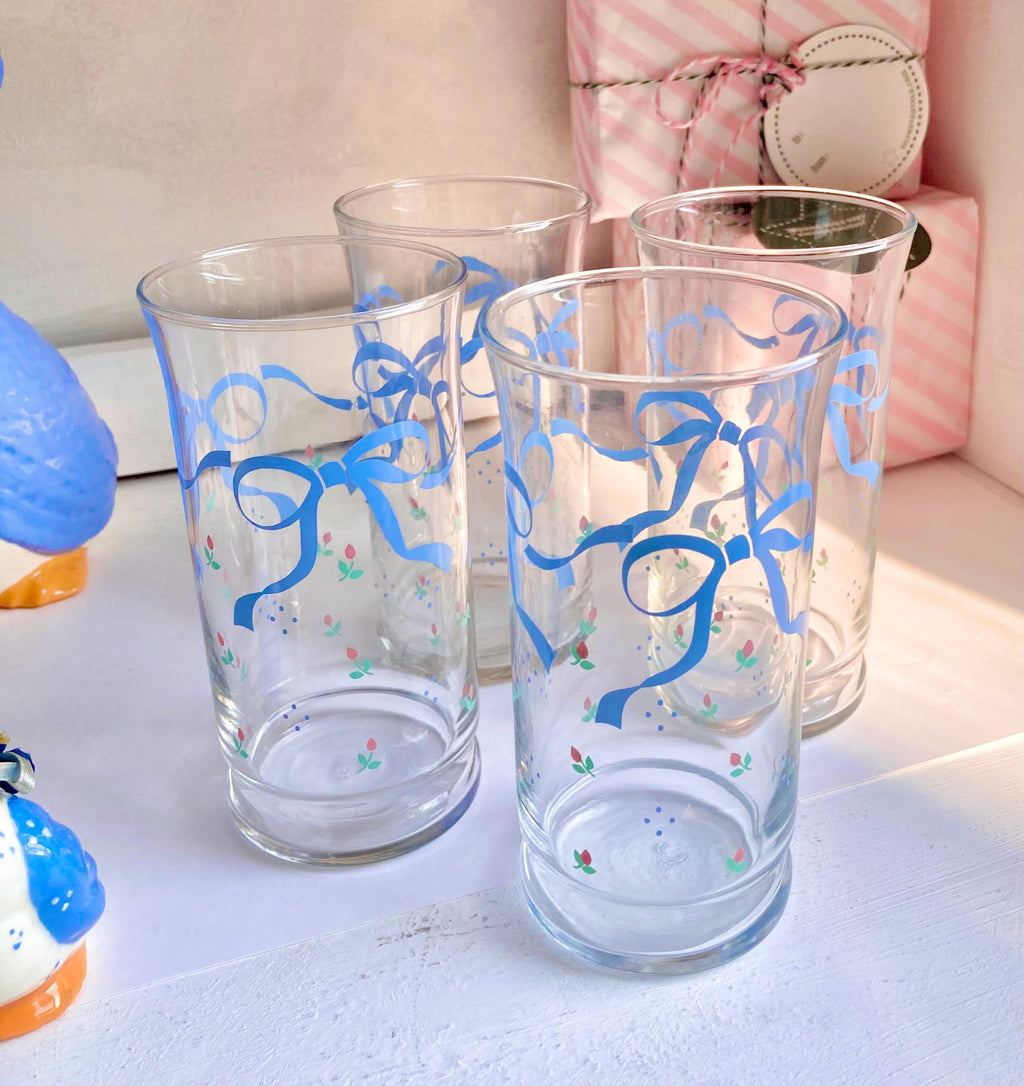 Vintage Libbey Glassware Set: Blue Ribbon & Rose Floral Glasses