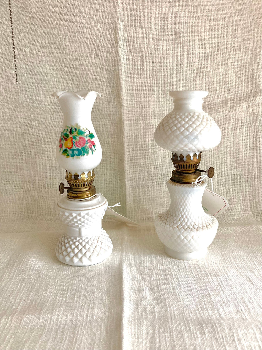 Vintage Milk Glass Oil Lamp: Diamond Hobnail, Fruit Appliqué, 8" Tall