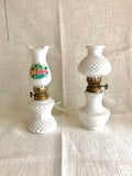 Vintage Milk Glass Oil Lamp: Diamond Hobnail, Fruit Appliqué, 8" Tall