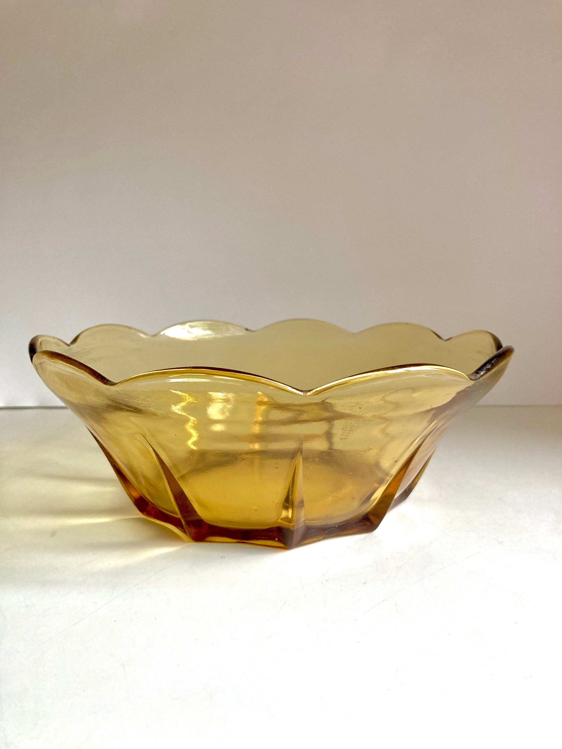MCM Amber Glass Flower Bowl: Anchor Hocking Scalloped Bowl, 1960s Vintage