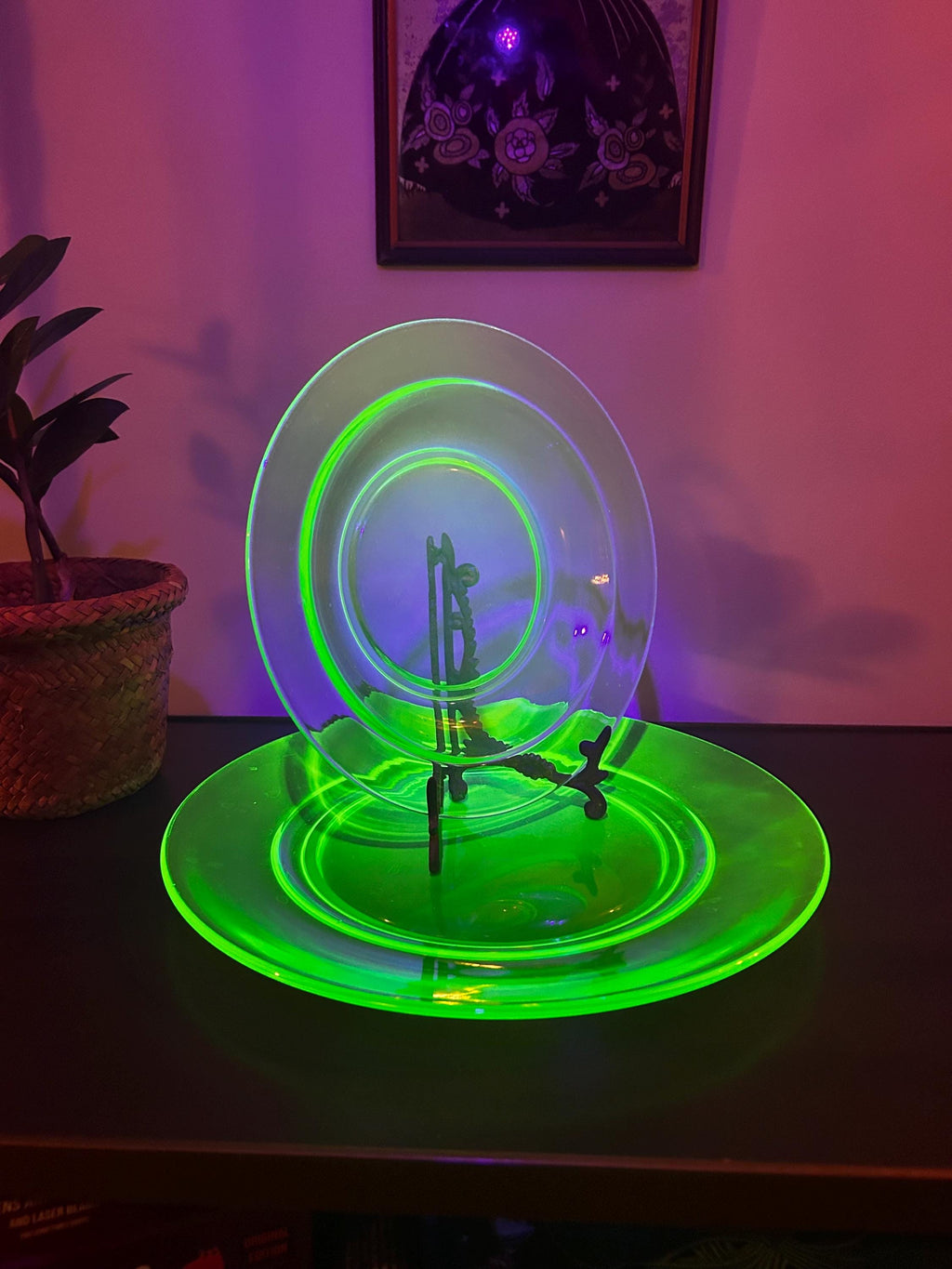 Vintage Uranium Green Heavy Pressed Glass Two-piece Dining Set
