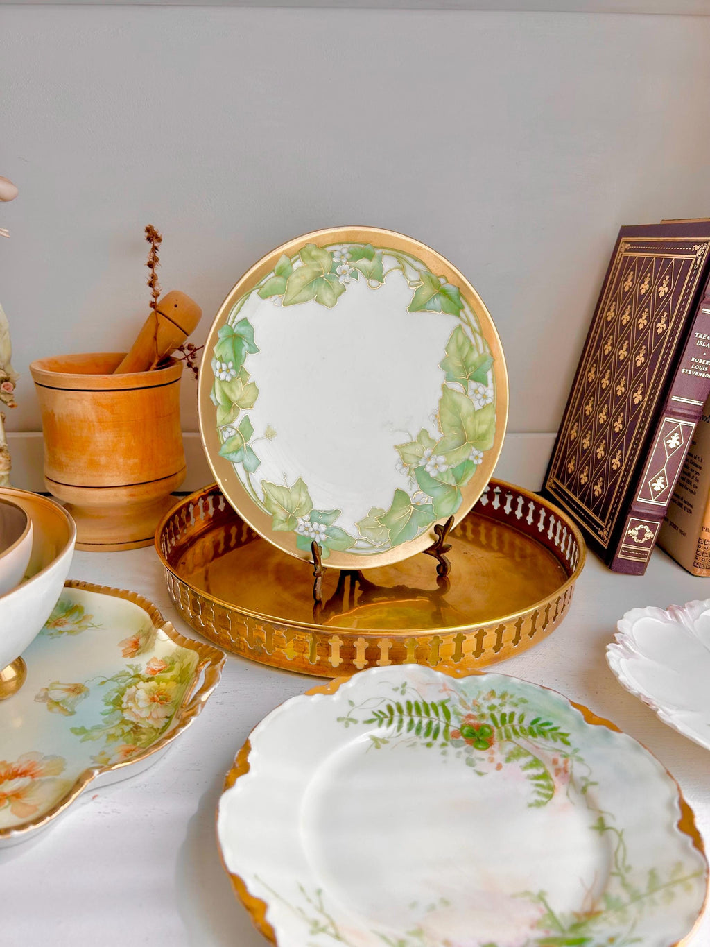 Vintage P.T. Bavaria Porcelain Plate: Hand Painted Ivy & Gold Trim (8.5")