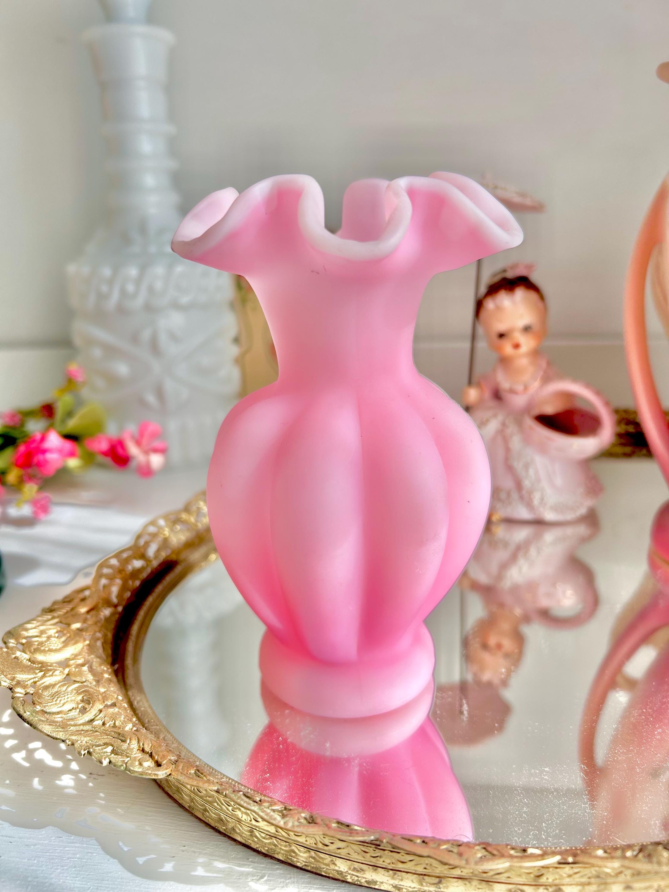 Vintage Fenton Pink Melon Vase: Satin Glass Ruffled Rim