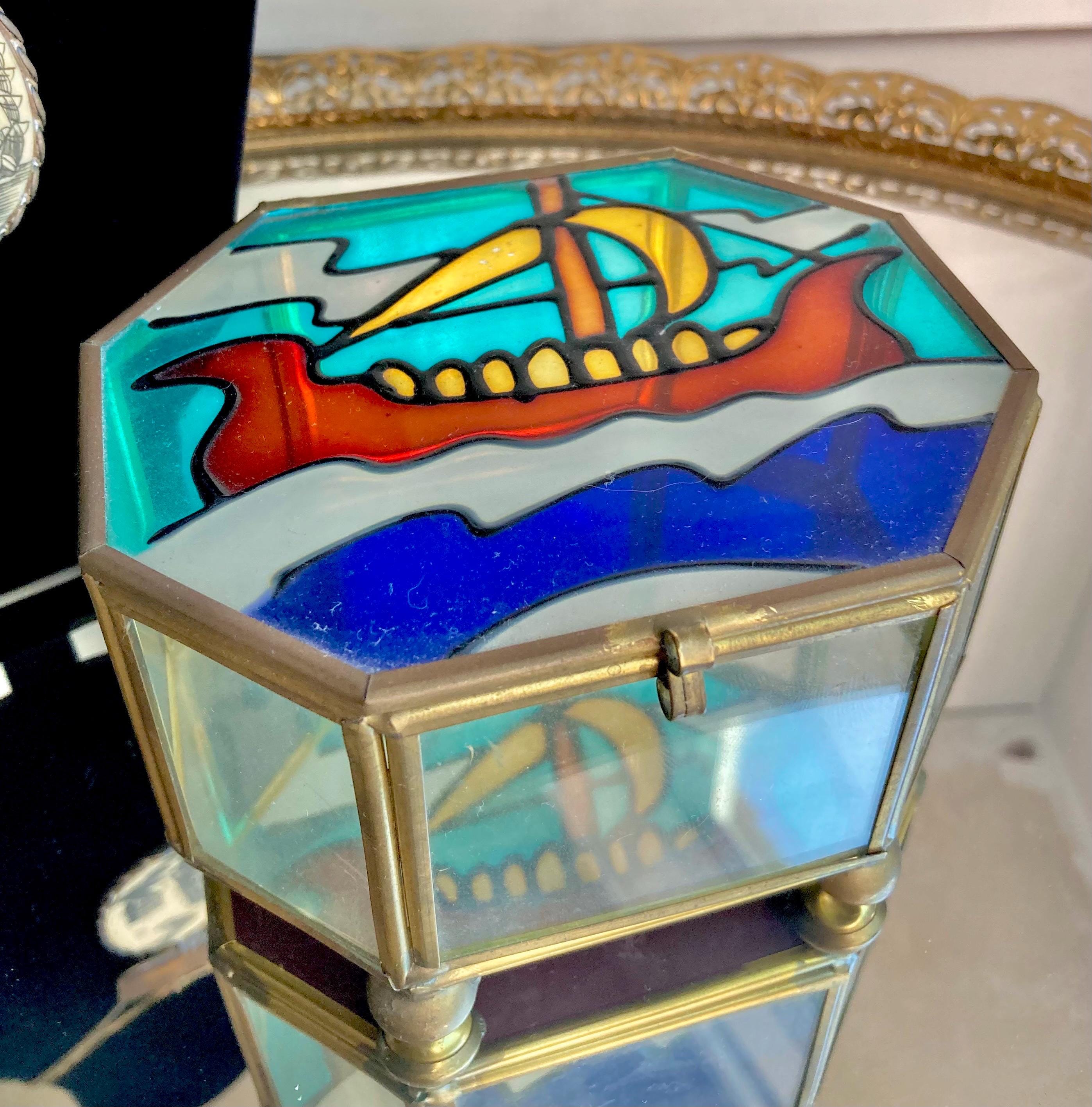 Vintage Nautical Stained Glass and Brass Jewelry Box