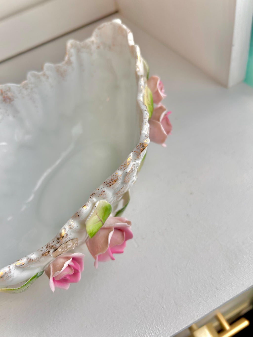 Vintage LEFTON Ceramic Footed Bowl: Pink Roses, Rhinestone Butterflies