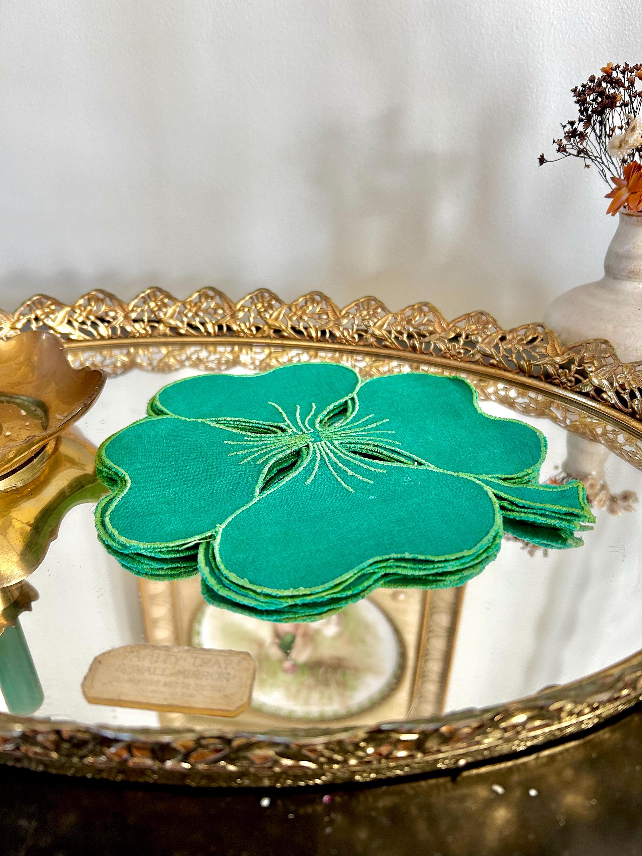 Vintage Hand Stitched Linen Shamrock Coasters in Emerald Green Set of 4