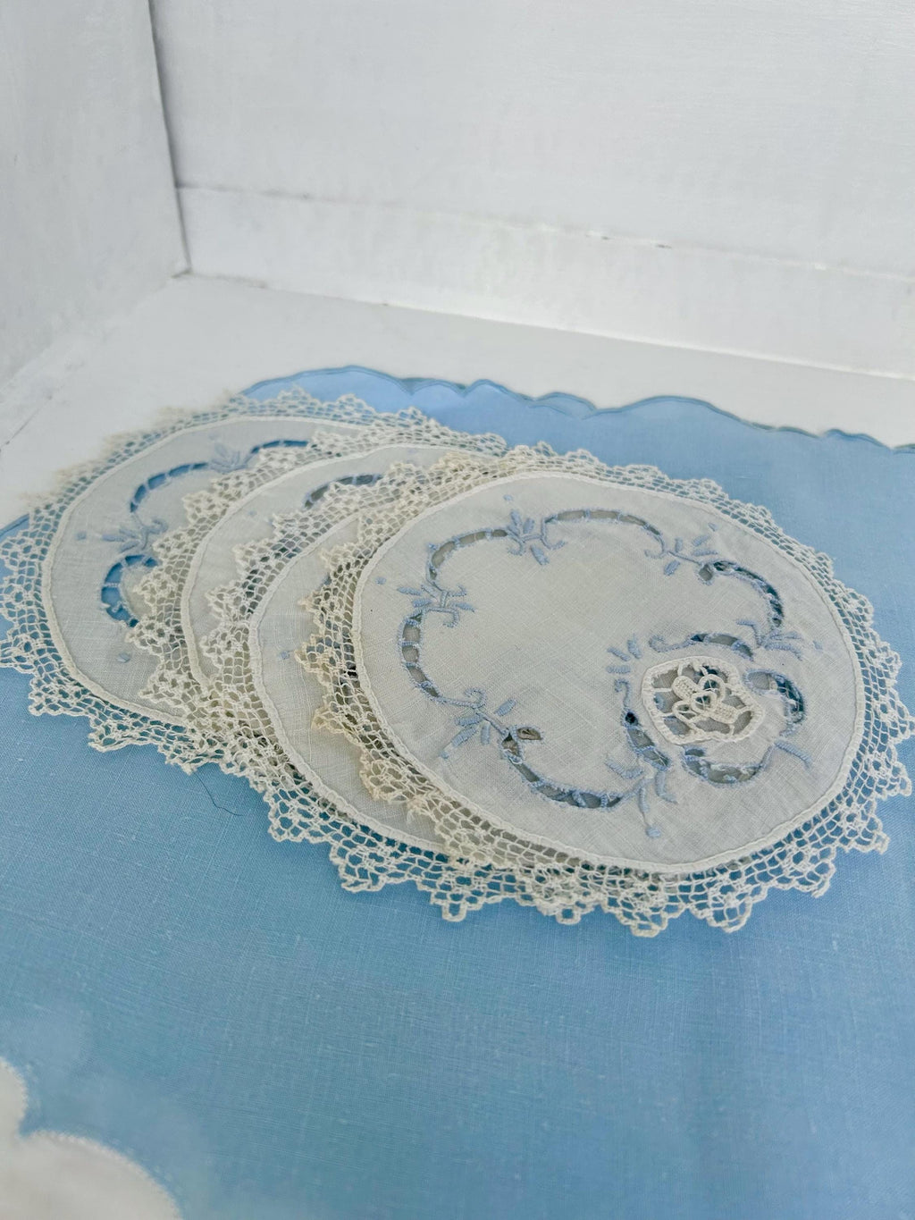 Vintage Linen Coasters Set: Perforated Floral Lace, Pale Blue Detail