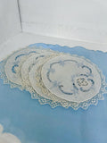 Vintage Linen Coasters Set: Perforated Floral Lace, Pale Blue Detail