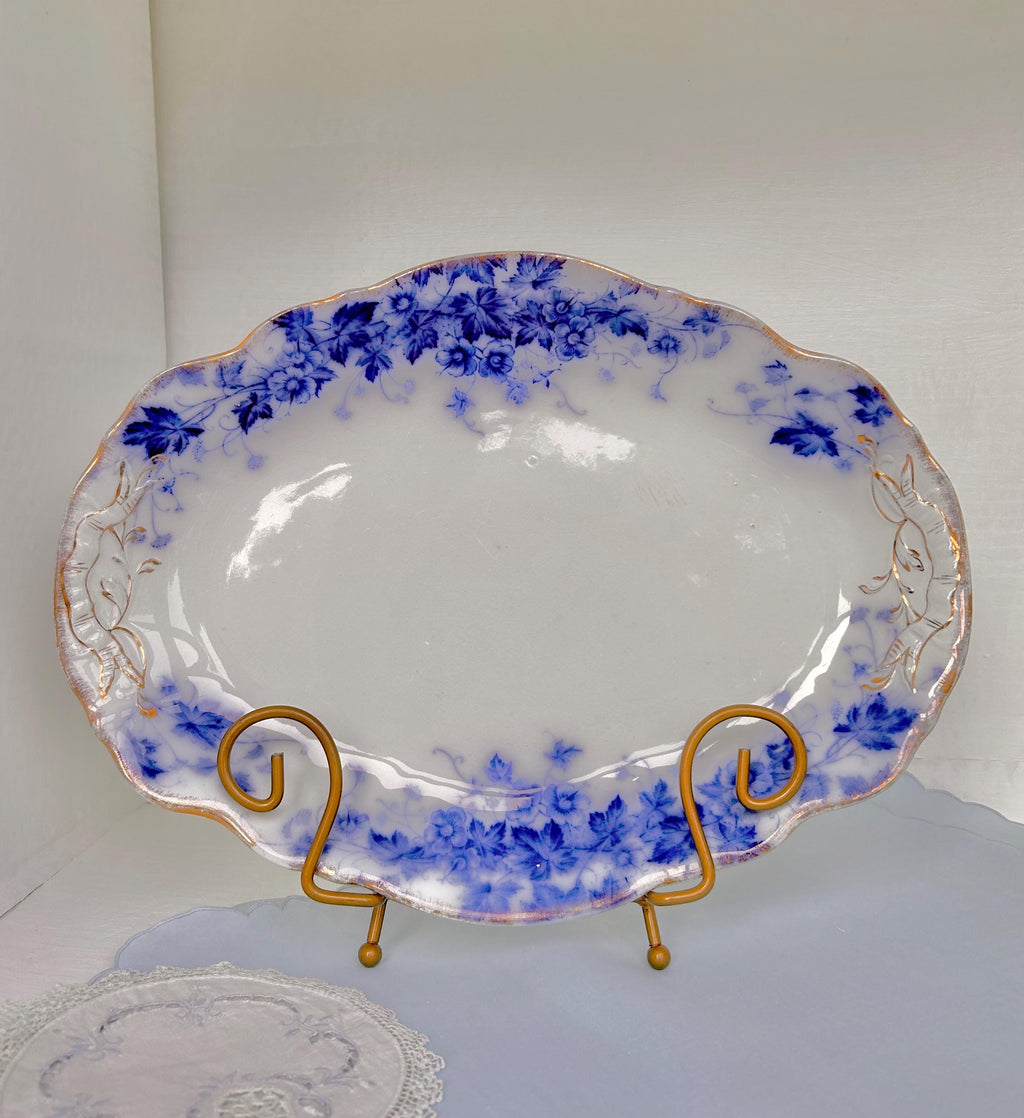 Antique Flow Blue Serving Platter: Royal Semi Porcelain Floral Plate, 14.5"
