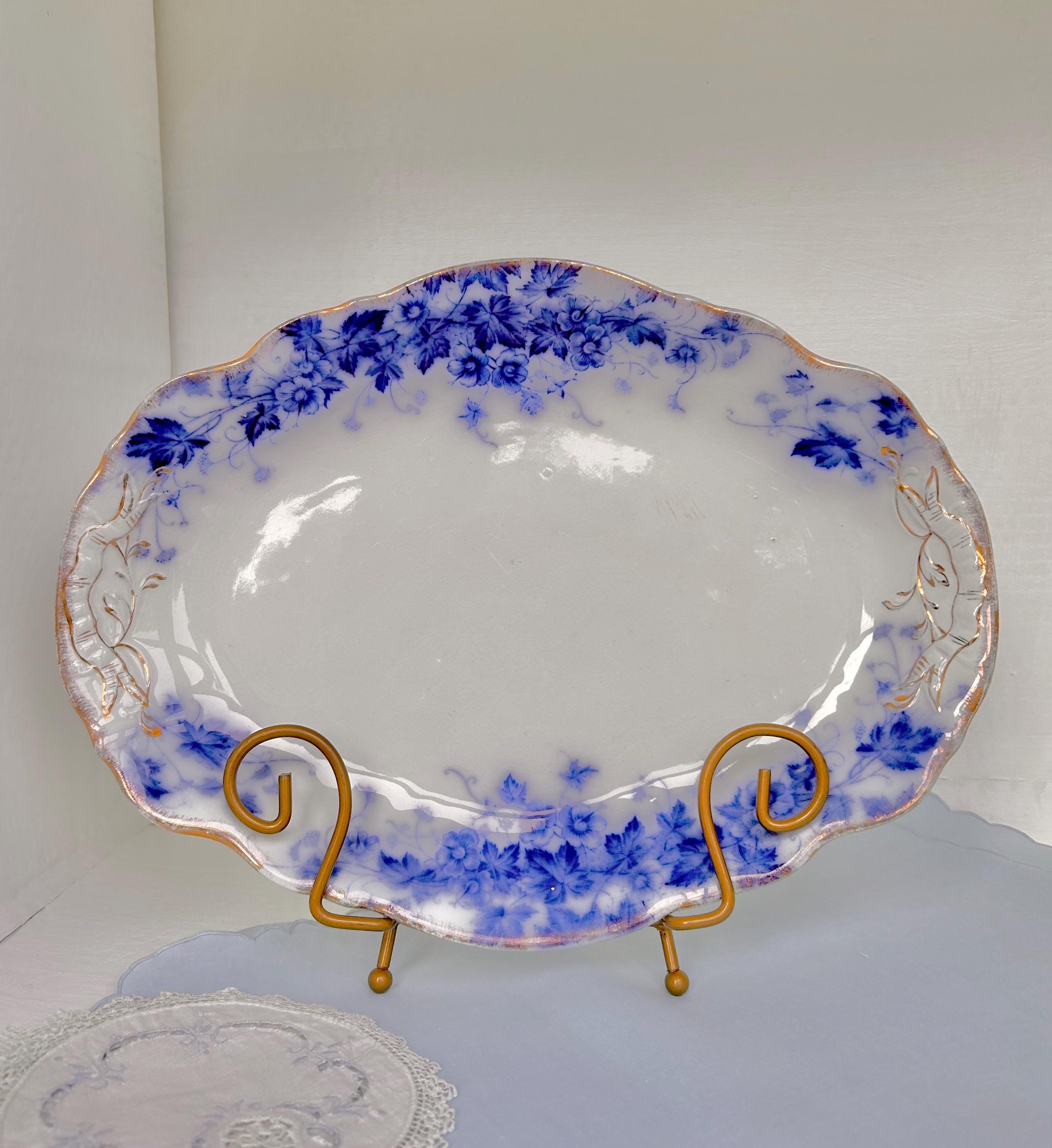 Antique Flow Blue Serving Platter: Royal Semi Porcelain Floral Plate, 14.5"