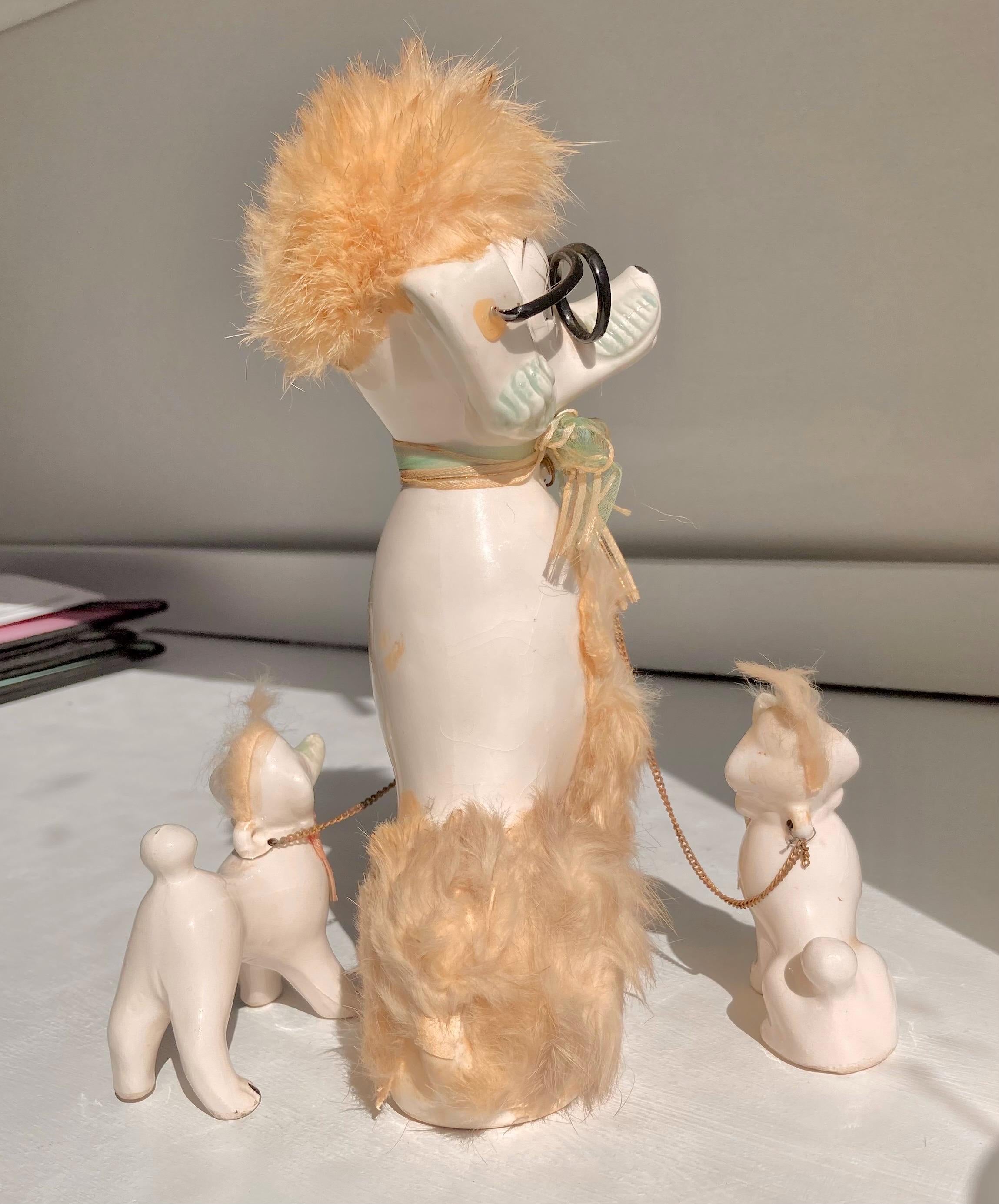 Midcentury Anthropomorphic Ceramic White Poodle mom + 2 pups - Japan