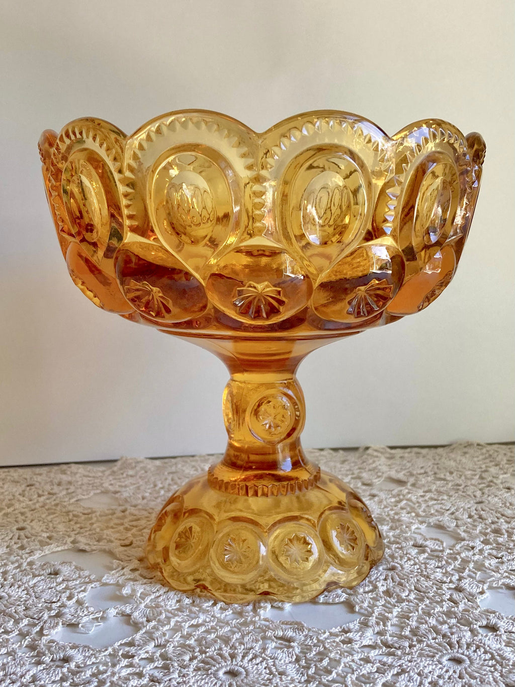 Vintage LE Smith Moon and Stars Amber Glass Pedestal Stem Compote